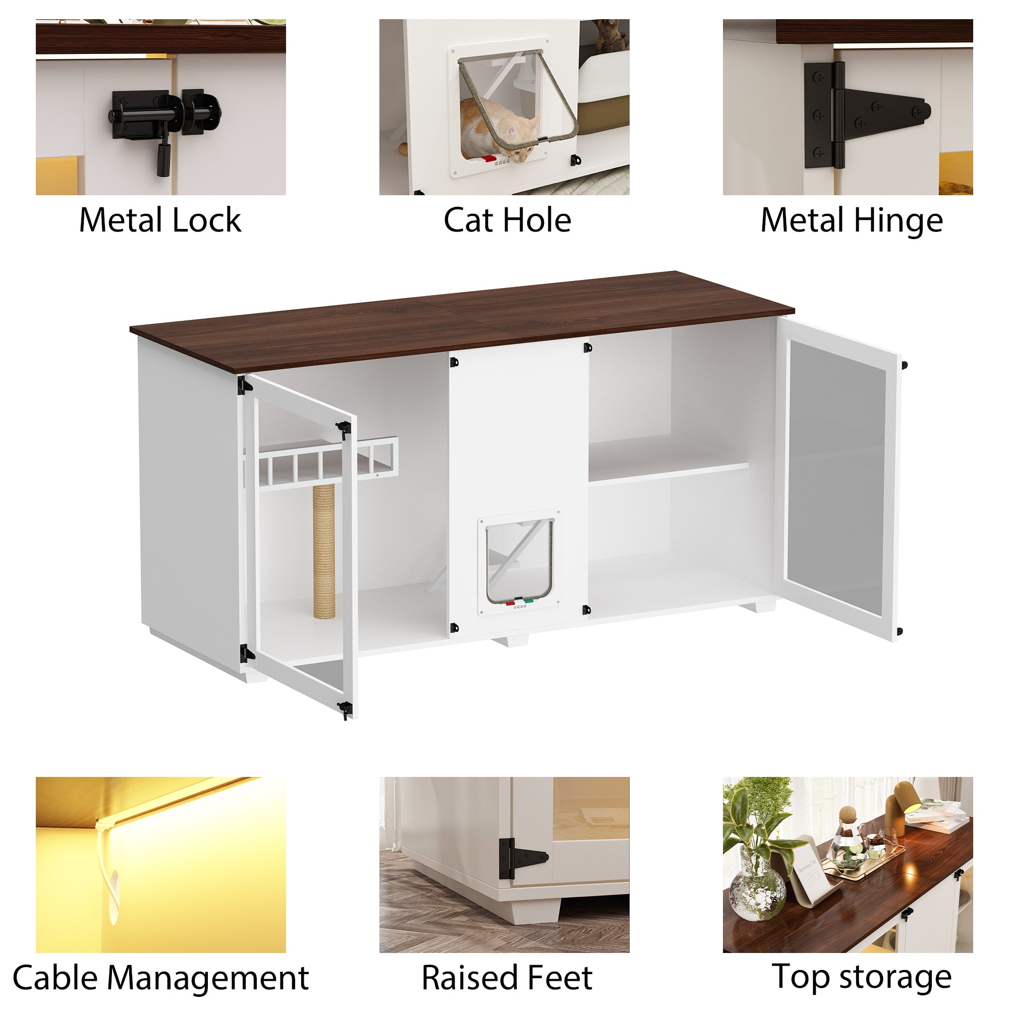 Modern Cat Litter Box Enclosure with Scratching Post & LED Light - Stylish Furniture for Small Spaces, Odor Control & Nighttime Use