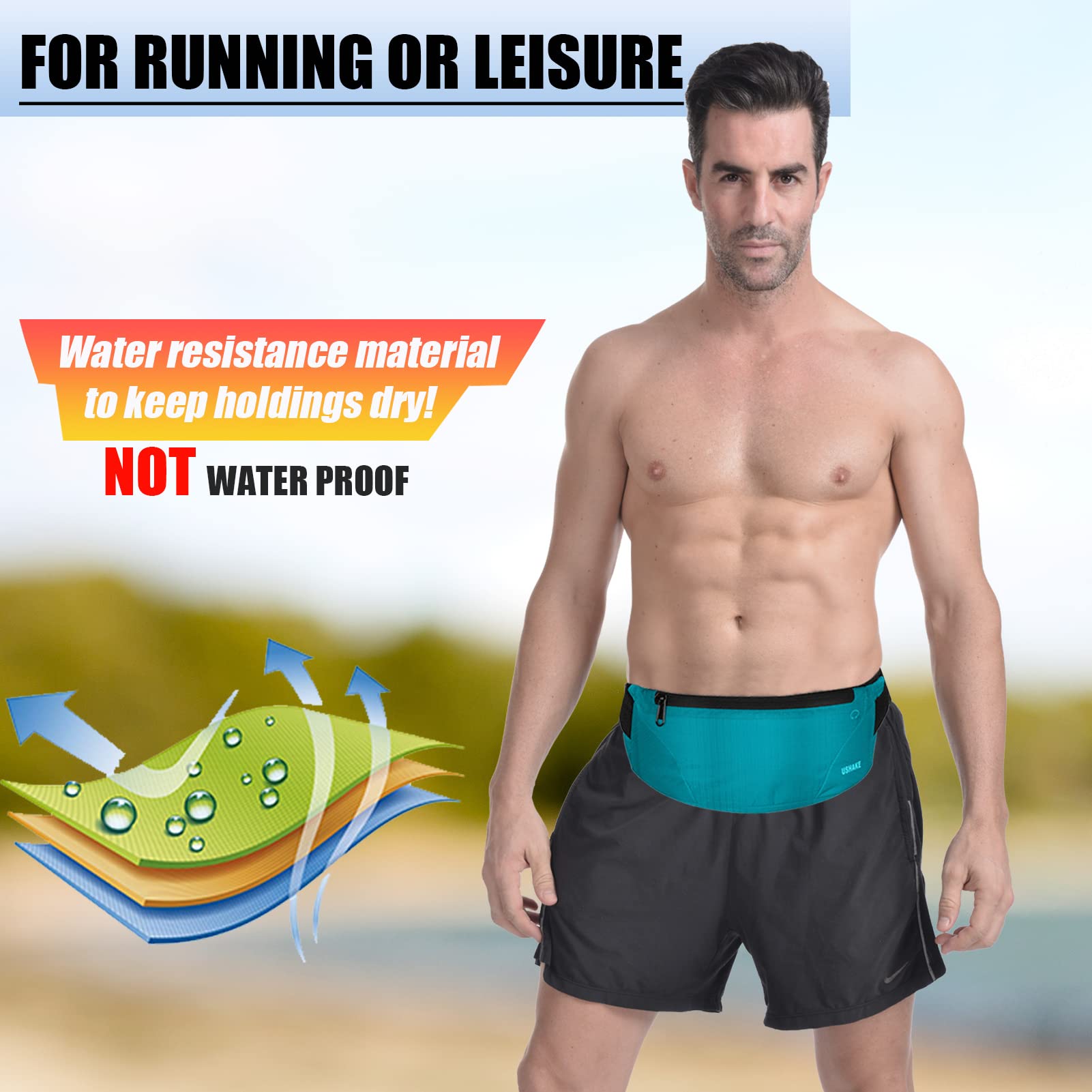 USHAKE Running Belt for Men & Women - Ultra Light Bounce Free Waist Pack with Phone Pocket for iPhone Samsung LG - Perfect for Gym, Marathon, Hiking & Outdoor Activities (Mint Blue)