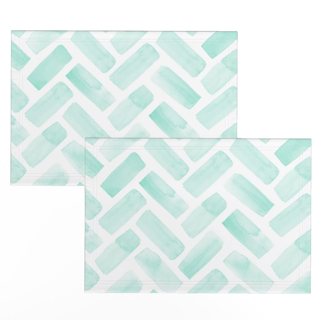 Premium Linen Cotton Canvas Placemats Set of 2 - Watercolor Herringbone Aqua Chevron Modern Teal Print | Washable & Durable Table Mats for Dining, Kitchen Decor, and Dinner Parties