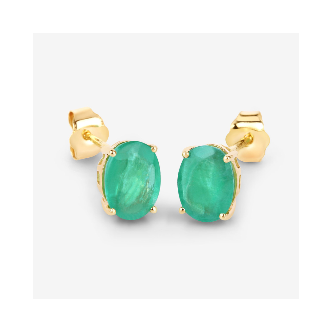 Genuine Green Zambian Emerald Oval Stud Earrings – 14K Gold Plated Elegant Jewelry for Women, Perfect for Weddings, Parties & Gifts