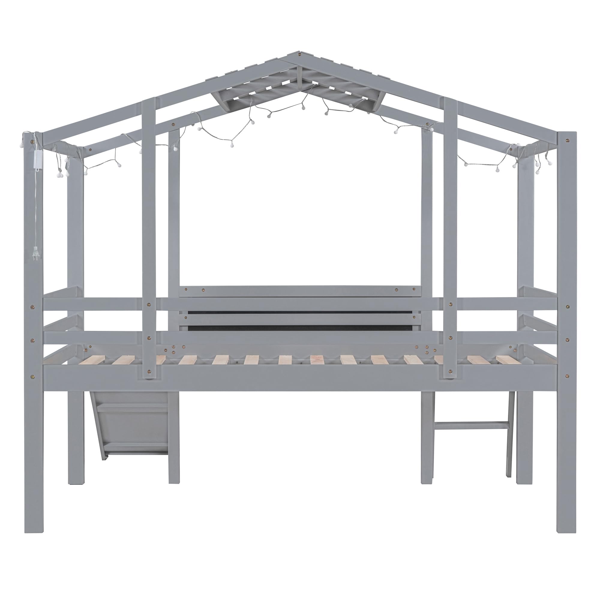 **Twin Size Loft Bed with Slide for Kids - Low Loft Bed with Blackboard & LED Light Strip - Wooden Slide Bed for Boys & Girls (Grey) - Perfect for Small Bedrooms, Playrooms & Fun Sleepovers**