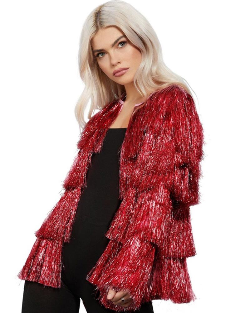 Vintage 70s Red Tinsel Festival Jacket for Women - Retro Disco Party Outfit & Holiday Celebration Costume