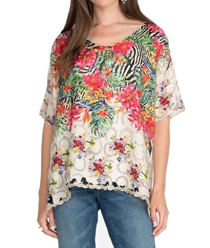 Johnny Was Women's Boho Floral Print Short Sleeve Blouse - Perfect for Summer Outfits, Beach Vacations & Casual Wear