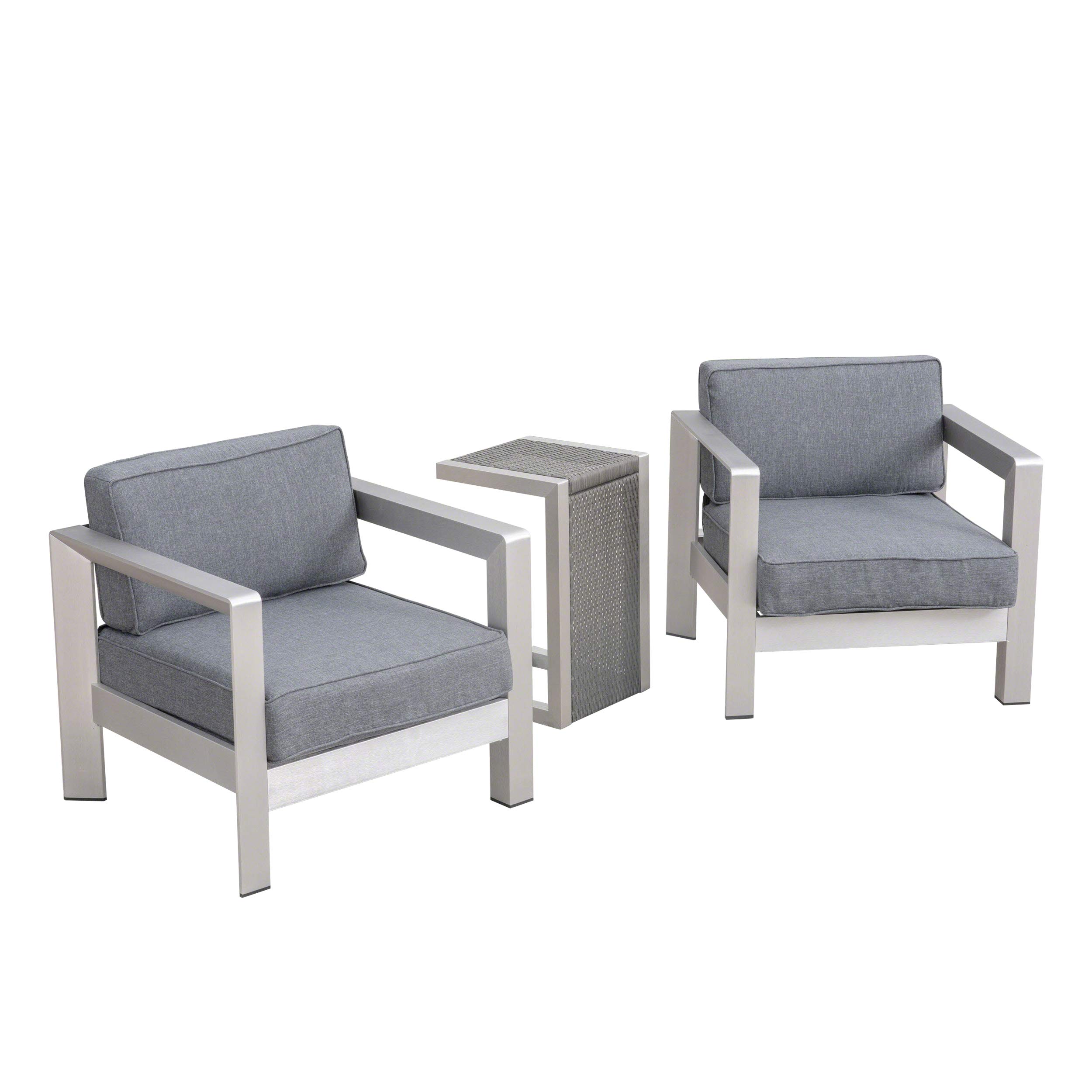 GDFStudio Outdoor Aluminum Club Chairs with Wicker-Topped Side Table - Silver & Gray Patio Furniture Set for Garden, Poolside & Backyard Relaxation