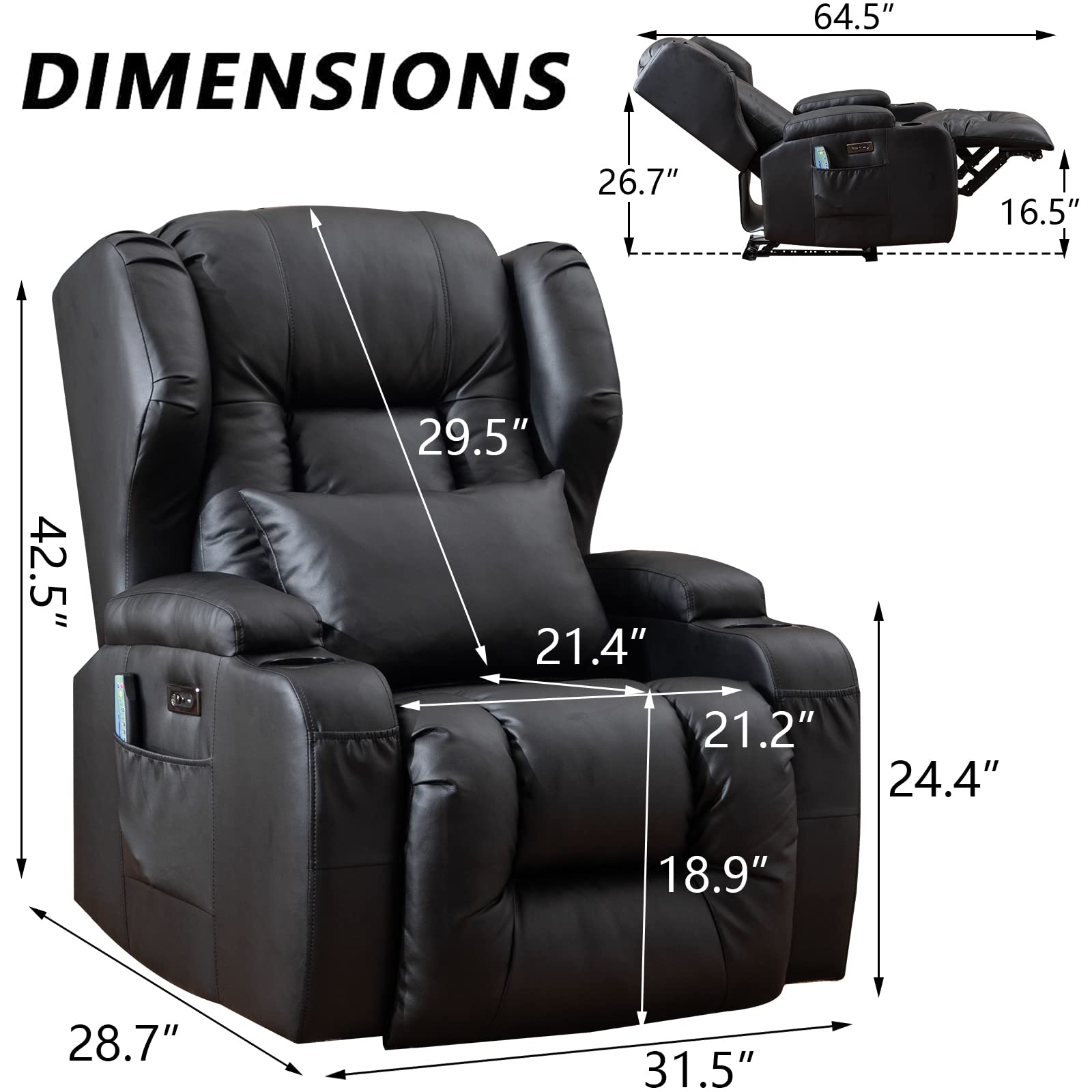 2PC Power Recliner Chair Set with Massage & Heat - Modern Home Theater Seating with LED Lights & USB Charging | Reclining Sofa Chairs for Living Room, Game Room & Movie Theater | Includes Cup Holders & Adjustable Positions for Ultimate Comfort