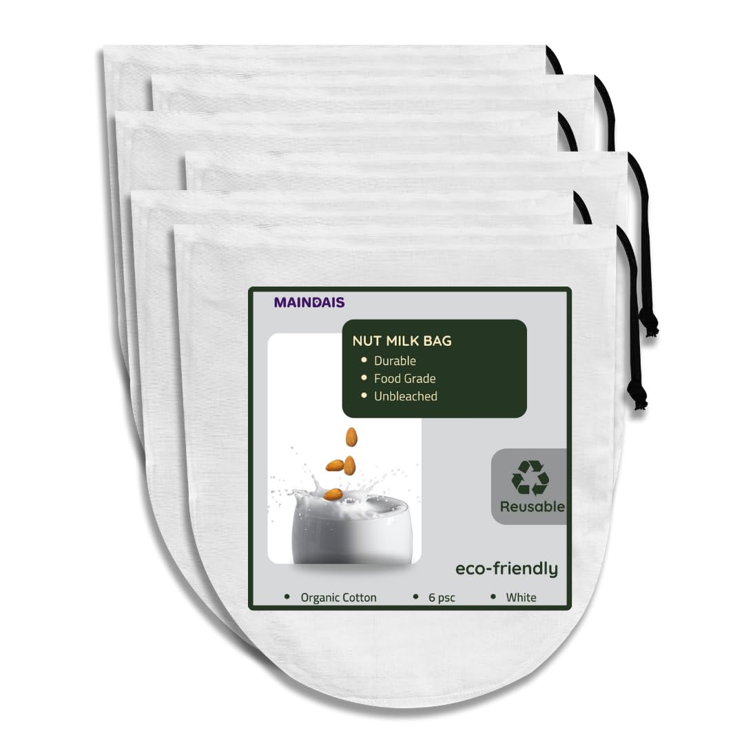 Organic Cotton Unbleached MAINDAIS Drawstring Nut Milk Bag - Reusable Food Strainer for Cheesecloth, Cold Brew Coffee, Yogurt, Juice & Spices (Pack of 6) | Perfect for Homemade Nut Milks, Coffee Filtering & Kitchen Straining