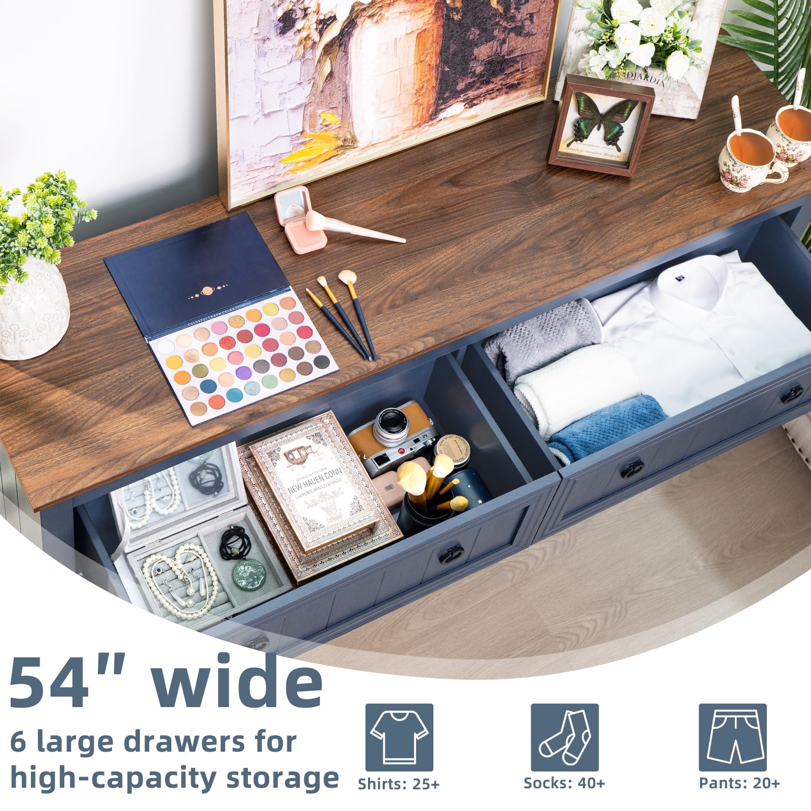 Farmhouse Style Nightstand Set of 2 with Charging Station & 6-Drawer Wood Dresser - 54