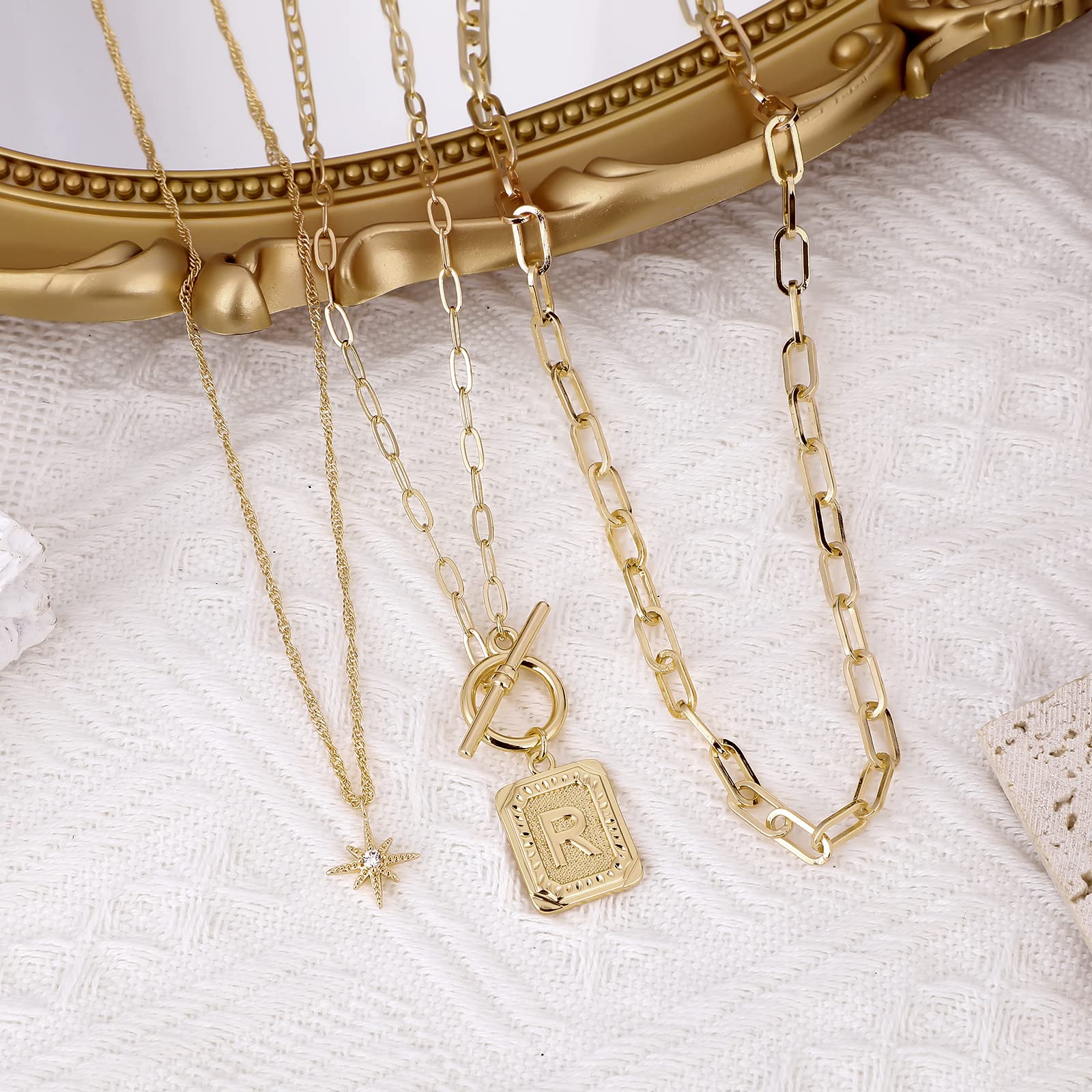 MJartoria Women's 14K Gold Plated Initial Necklace - Trendy Layered Star Choker with Square Letter Pendant & Paperclip Chain - Elegant Gold Jewelry Gift for Her - Perfect for Birthdays, Anniversaries and Everyday Wear
