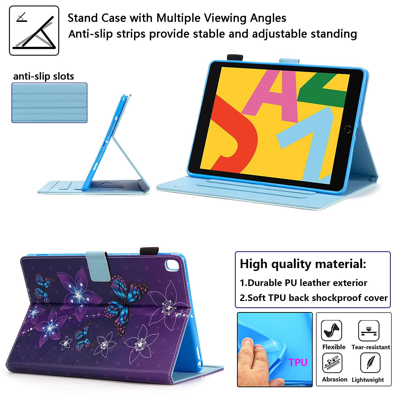 Premium PU Leather Smart Folio Case for iPad 10.2 Inch (9th/8th/7th Gen 2021/2020/2019) - Auto Wake/Sleep, Built-in Stand, Pencil Holder & Card Pockets | Shockproof Protective Cover with Purple Flower Butterfly Design | Perfect for Work, Travel & Daily Use