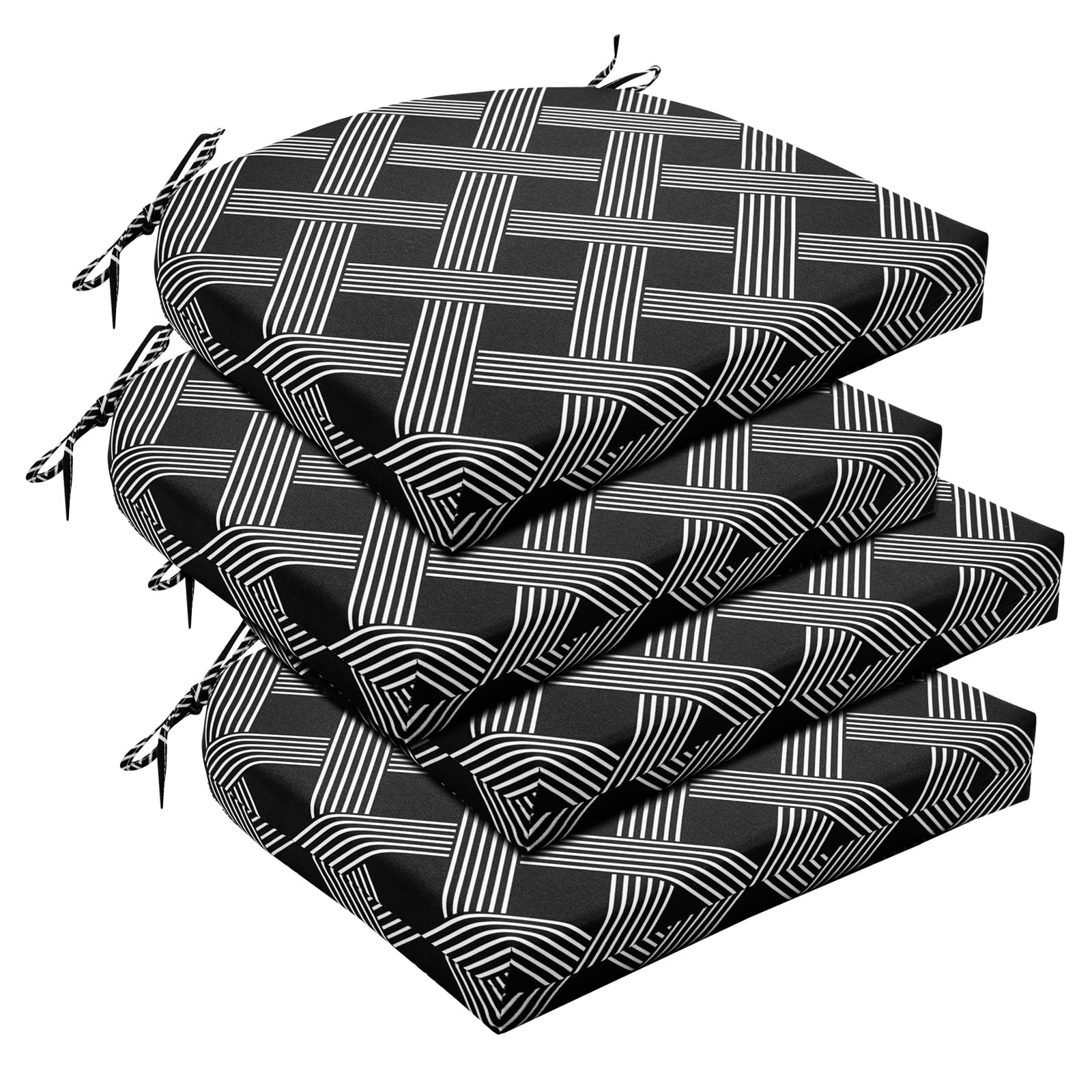 Premium Outdoor Chair Cushions Set of 4 - Water Resistant Patio Furniture Cushions with Secure Ties (17x16x2 Inch) - Black Geometric Pattern - Perfect for Garden, Deck, Poolside & Patio Relaxation