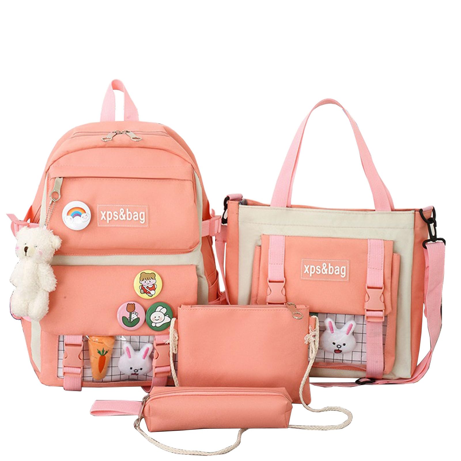 4Pcs Kawaii Backpack Set for School - Cute Aesthetic Backpacks with Accessories for Girls & Teens (Pink) - Perfect for School, Travel & Daily Use