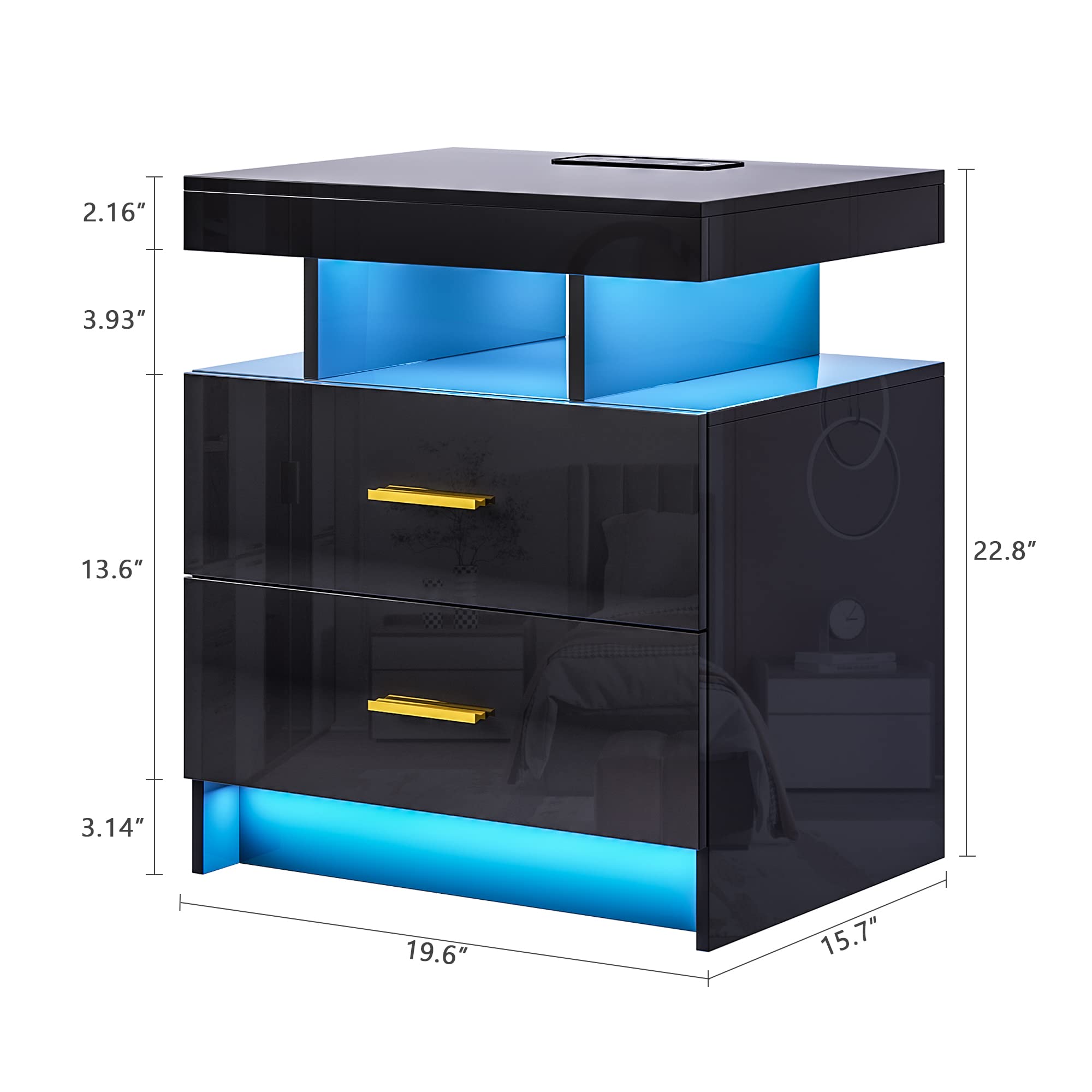 HNEBC Modern LED Nightstand with Wireless Charging & USB Ports - High Gloss Bedside Table with 2 Drawers, Floating Design, 3-Color Adjustable LED Light Strip for Bedroom, Living Room, or Office
