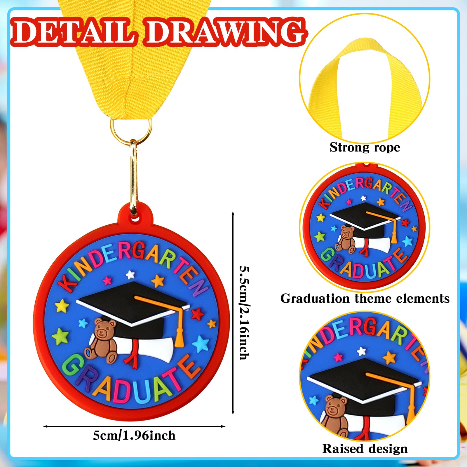 24 Pcs Kindergarten Preschool Graduation Medals for Kids - 2 Inch Award Medals with Yellow Ribbon - Perfect for Graduation Ceremonies, School Parties & Student Recognition Events