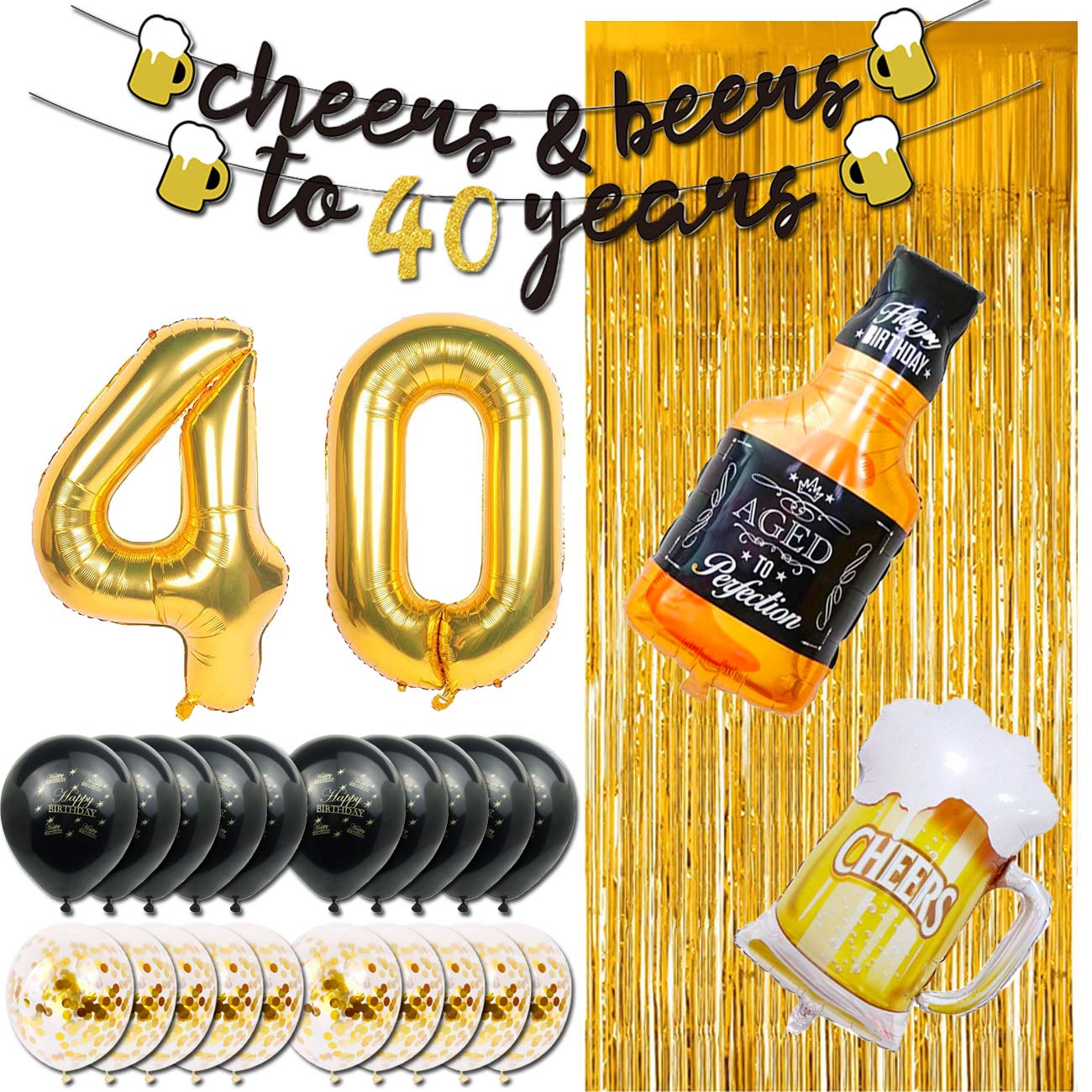 Black & Gold 40th Birthday Party Decorations for Men - Cheers to 40 Years Banner, Beer Mug Balloons, Confetti & Fringe Backdrop - Perfect for 40th Anniversary Celebrations, Beer Themed Parties & Milestone Birthday Decor