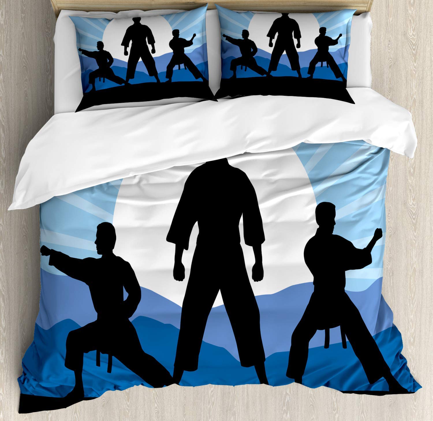 Martial Arts 4-Piece Bedding Set with Karate Men Silhouettes & Mountain Sunrise Design - Full Size Duvet Cover, Sheets & Pillowcases for Kids, Teens & Adults | Perfect for Kung Fu Enthusiasts' Bedrooms & Dojo Themed Decor
