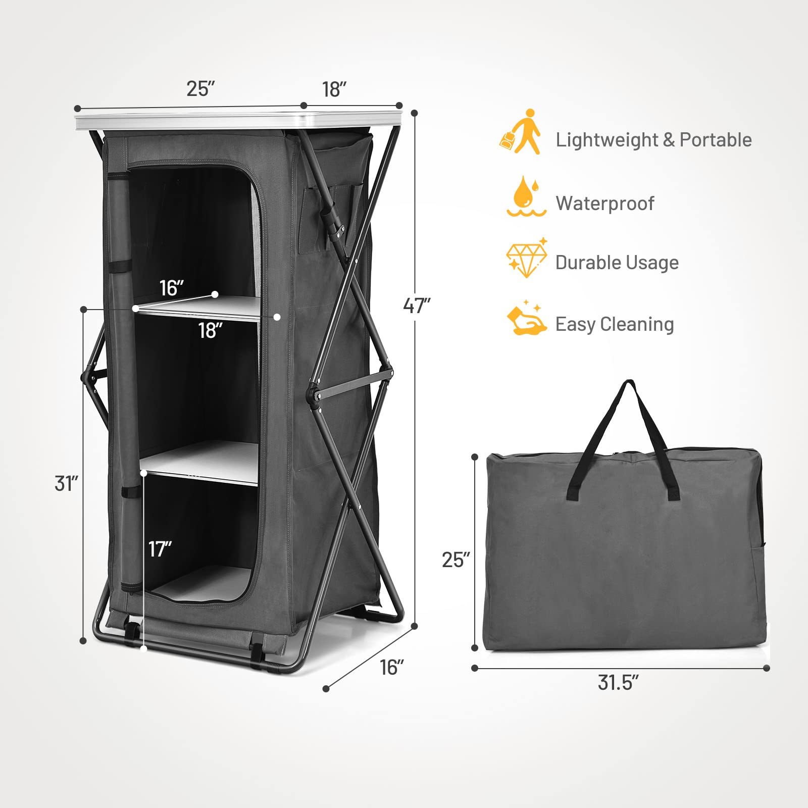 Giantex 3-Shelf Folding Camping Storage Cabinet with Carry Bag - Portable Outdoor Organizer for Camping, BBQ, Picnic & Backyard - Compact Pop-Up Cupboard (47