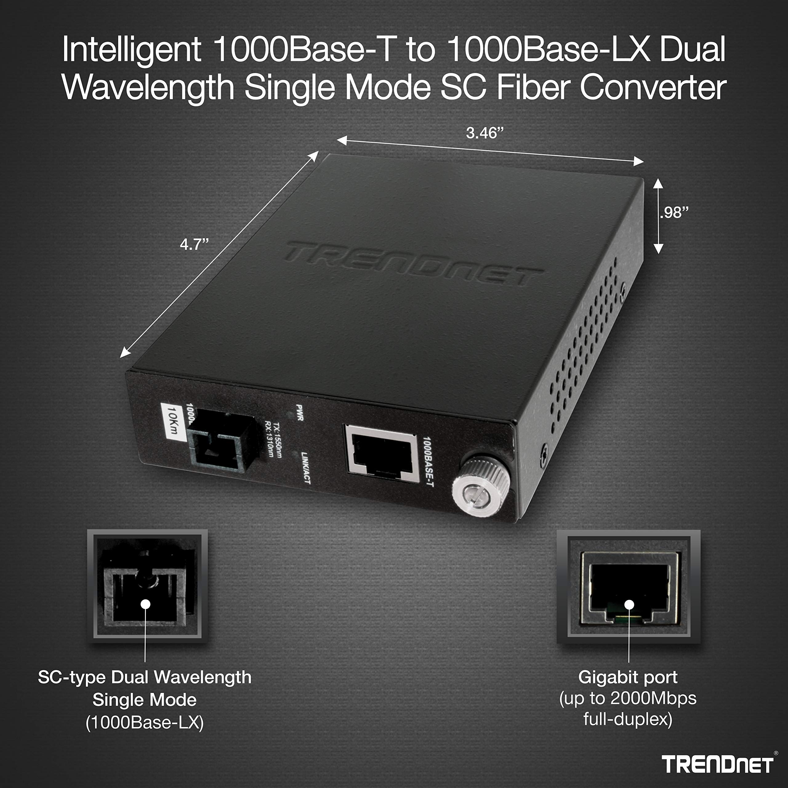 TRENDnet 1000Base-T to 1000Base-LX Gigabit Ethernet Fiber Media Converter - Single Mode SC Fiber to RJ45 Converter (10km/6.2 Miles) with Lifetime Warranty - Ideal for Data Centers, Enterprise Networks & Long-Distance Ethernet Connections