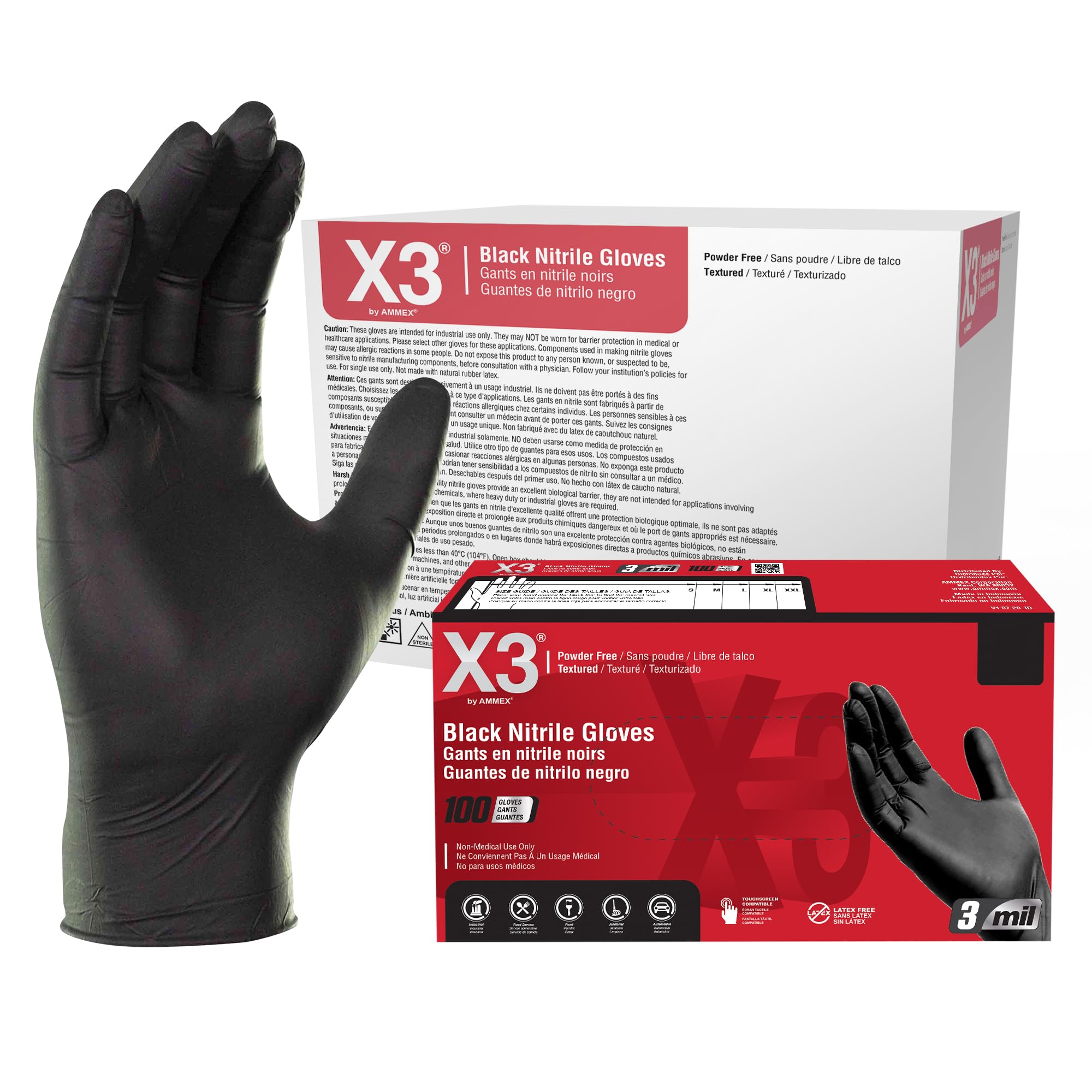 X3 Black Nitrile Disposable Industrial-Grade Gloves 3 Mil - Latex Free, Powder Free, Food Safe, Non-Sterile, Textured Grip - Perfect for Food Handling, Medical Use, Cleaning & Industrial Work