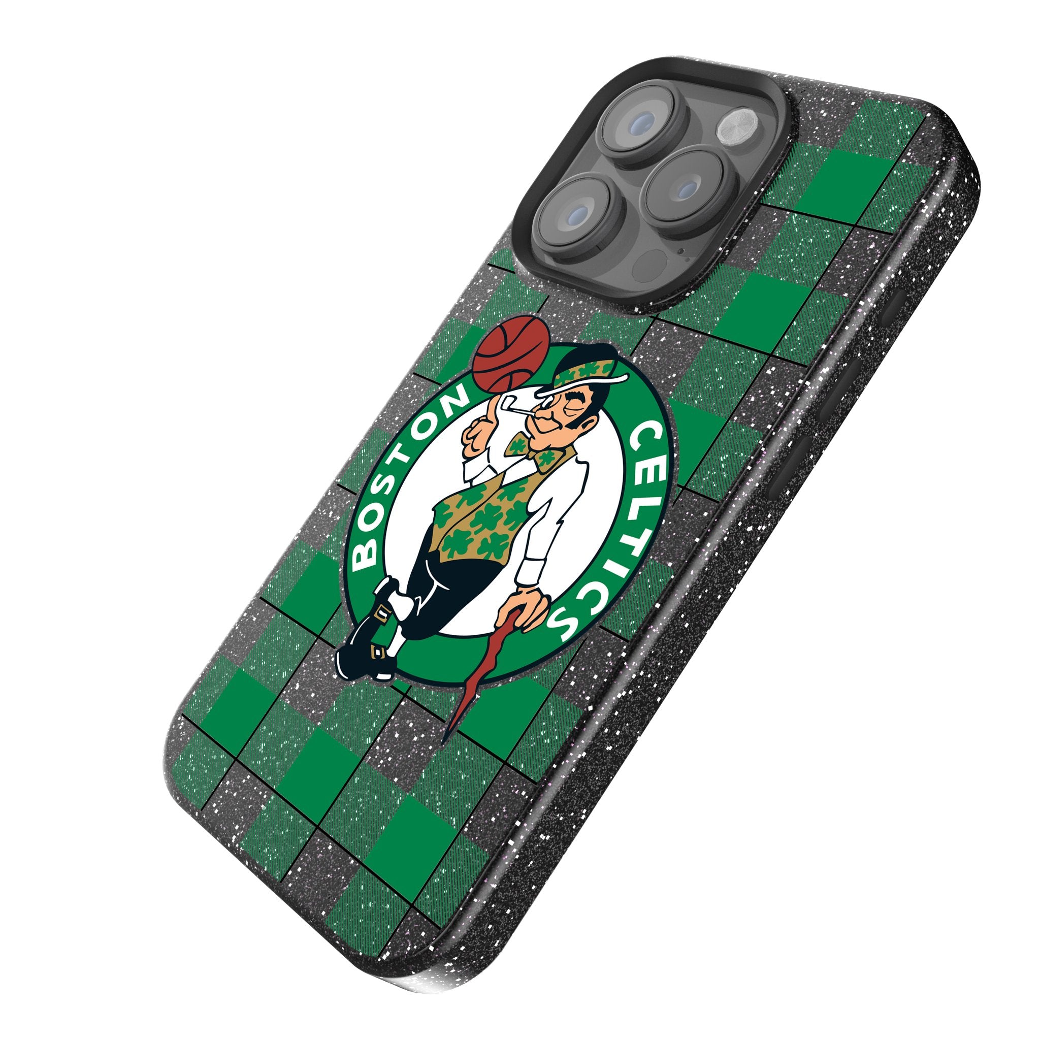 Boston Celtics Plaid Bling Phone Case for iPhone 15/14/13/12 Pro Max - Glitter Rhinestone Celtics Team Logo Design - Perfect for Basketball Games & Celtics Fans