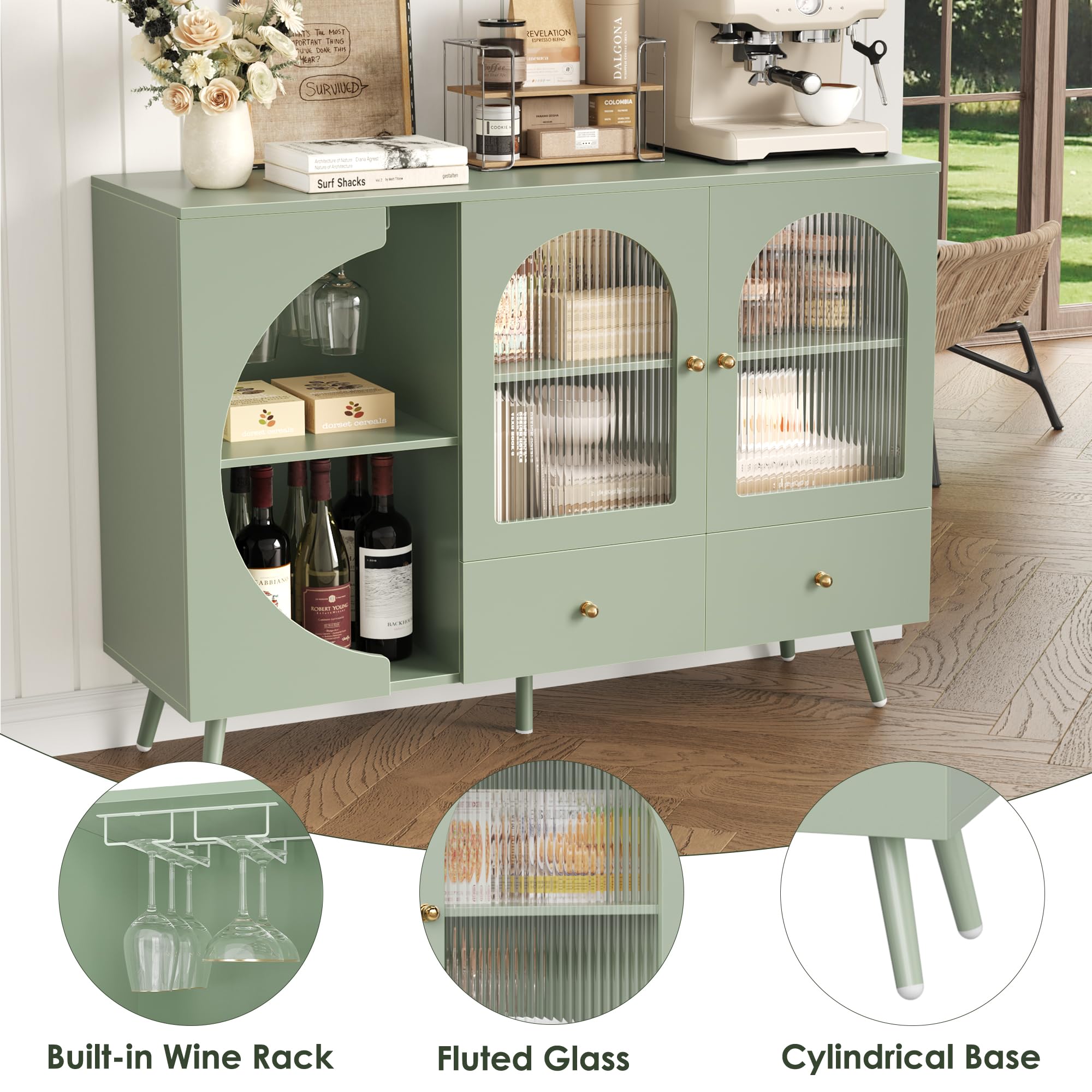 Coffee Bar Cabinet with 2 Drawers & Fluted Glass Door, Modern Buffet Sideboard for Kitchen & Living Room, Stylish Wine Bar Storage Solution, Green - Perfect for Entertaining & Home Decor
