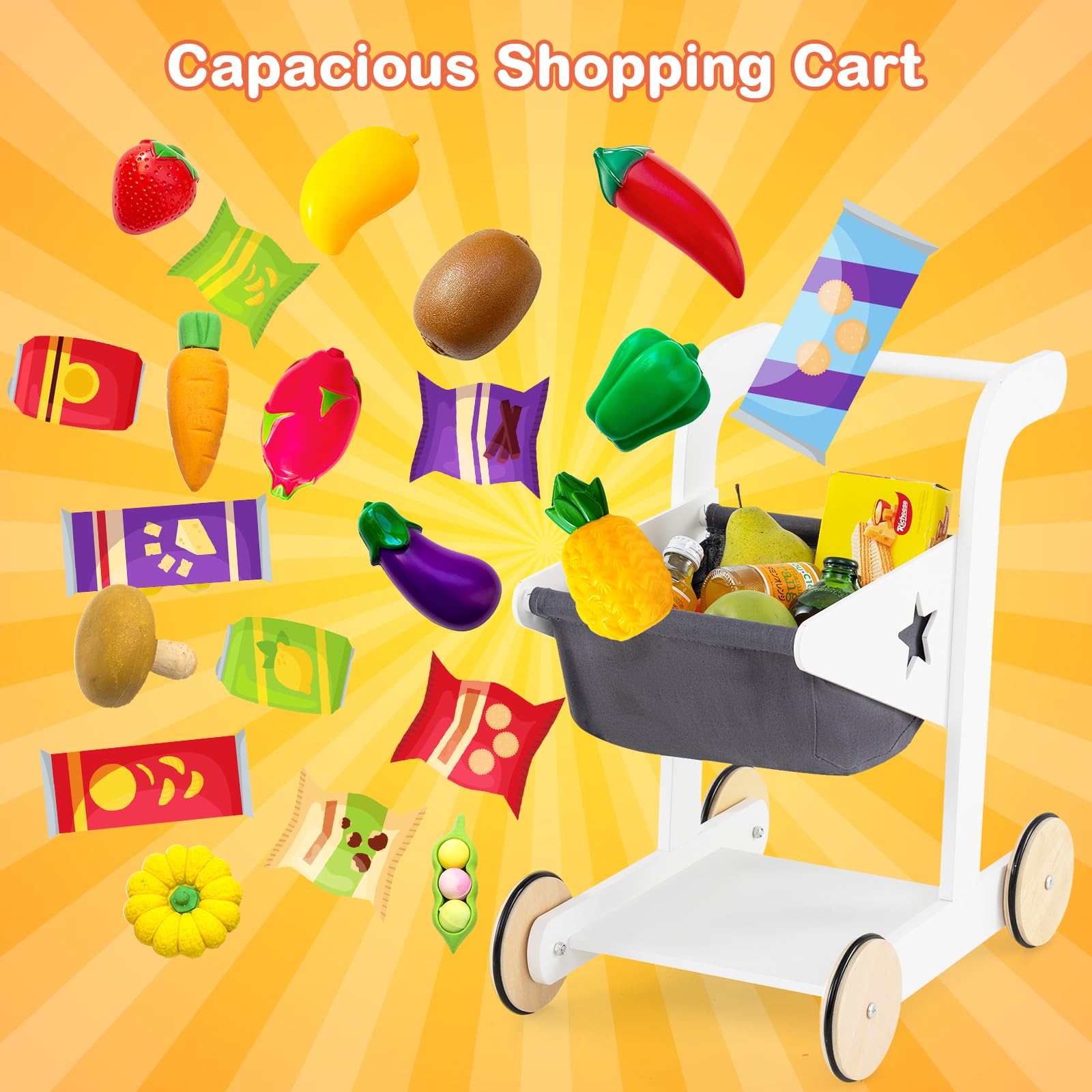 HONEY JOY Kids Wooden Grocery Store Playset with Shopping Cart, Supermarket Checkout Stand, Blackboard & Display Shelves - Pretend Play Toy for Toddlers & Preschoolers | Perfect Gift for Boys & Girls | Natural Wood Design for Home, Classroom & Playroom Fun