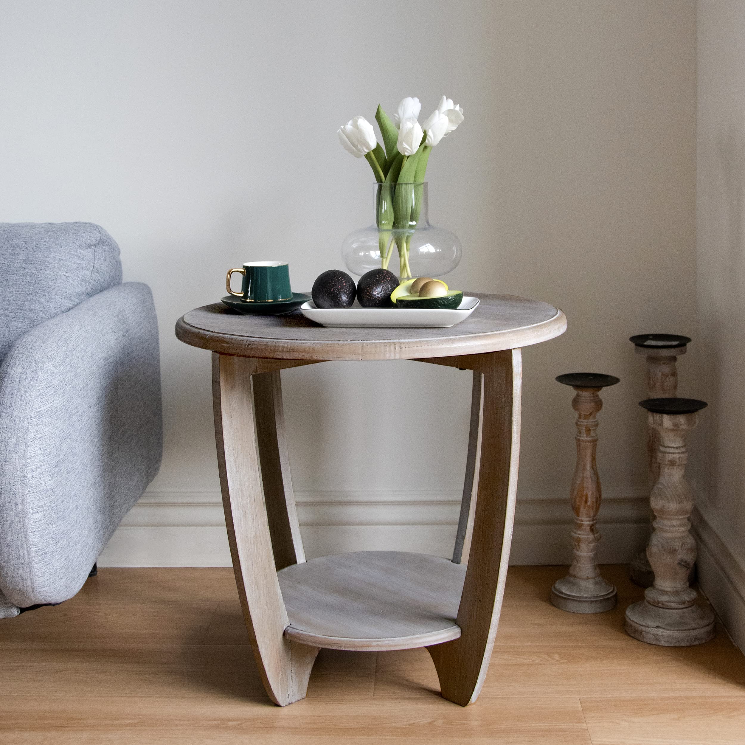 LONYKE Round Farmhouse End Table with Storage Shelf - French Country Rustic Grey Accent Side Table for Living Room, Dining Room & Small Spaces - Modern Vintage Grey Finish Coffee Table | Perfect for Cozy Corners, Bedroom Nightstands & Apartment Decor