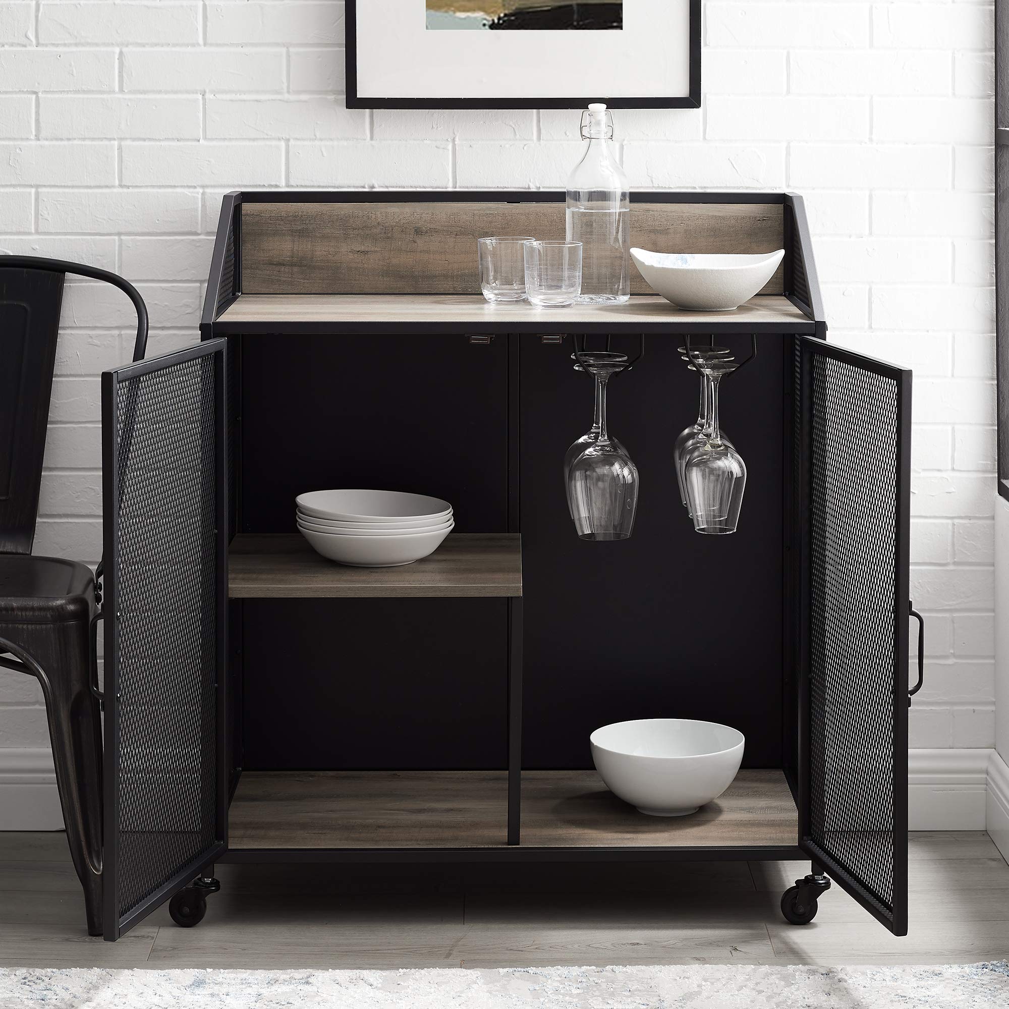 Walker Edison Malcomb Urban Industrial Metal Mesh Double Door Rolling Bar Cabinet, 33 Inch, Grey - Perfect for Home Bars, Kitchen Storage & Living Room Organization
