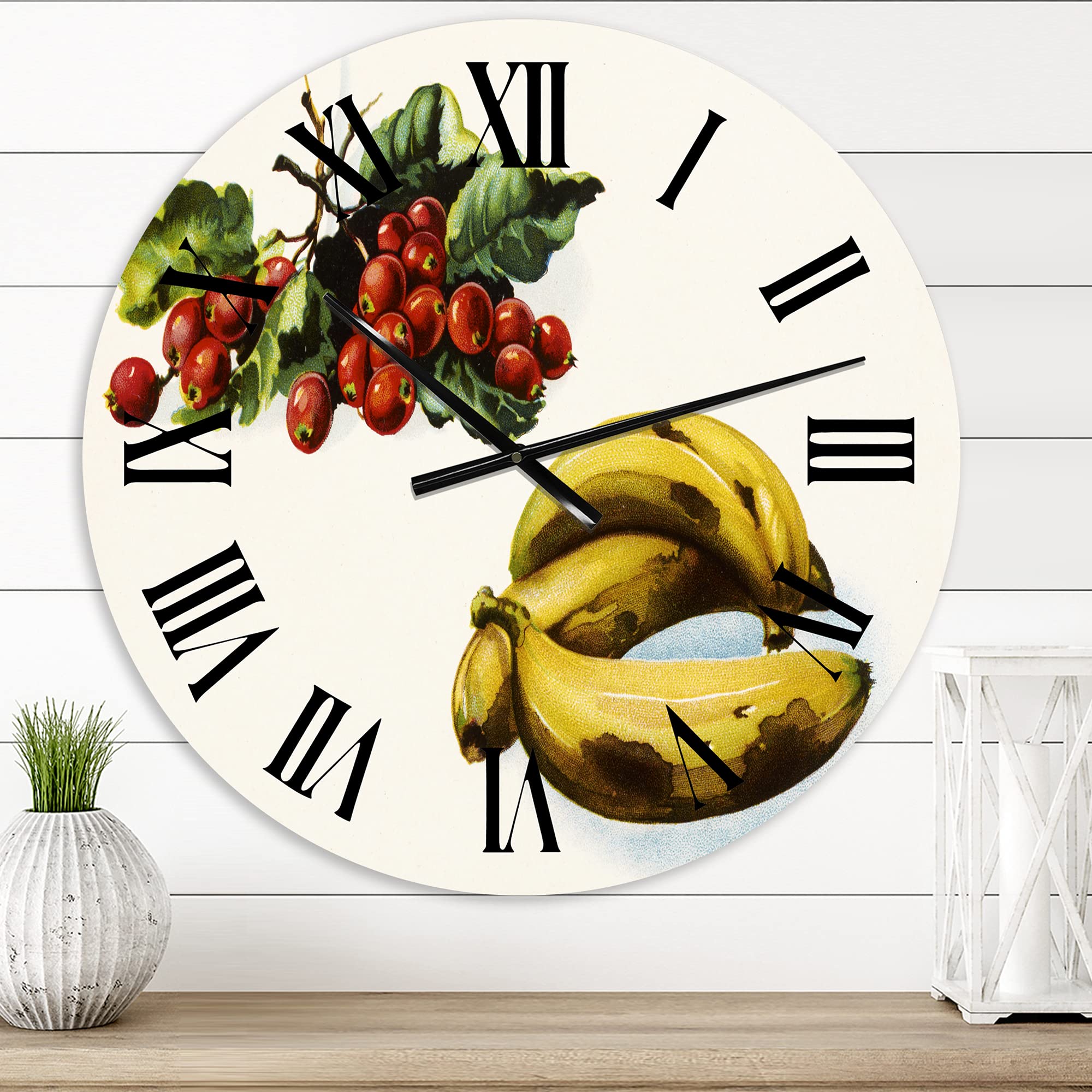 Farmhouse Wall Clock - Large 'Banana and Red Berries' Design for Kitchen & Dining Room Decor | Rustic Home Wall Art | Perfect for Farmhouse, Cottage, or Country Style Homes