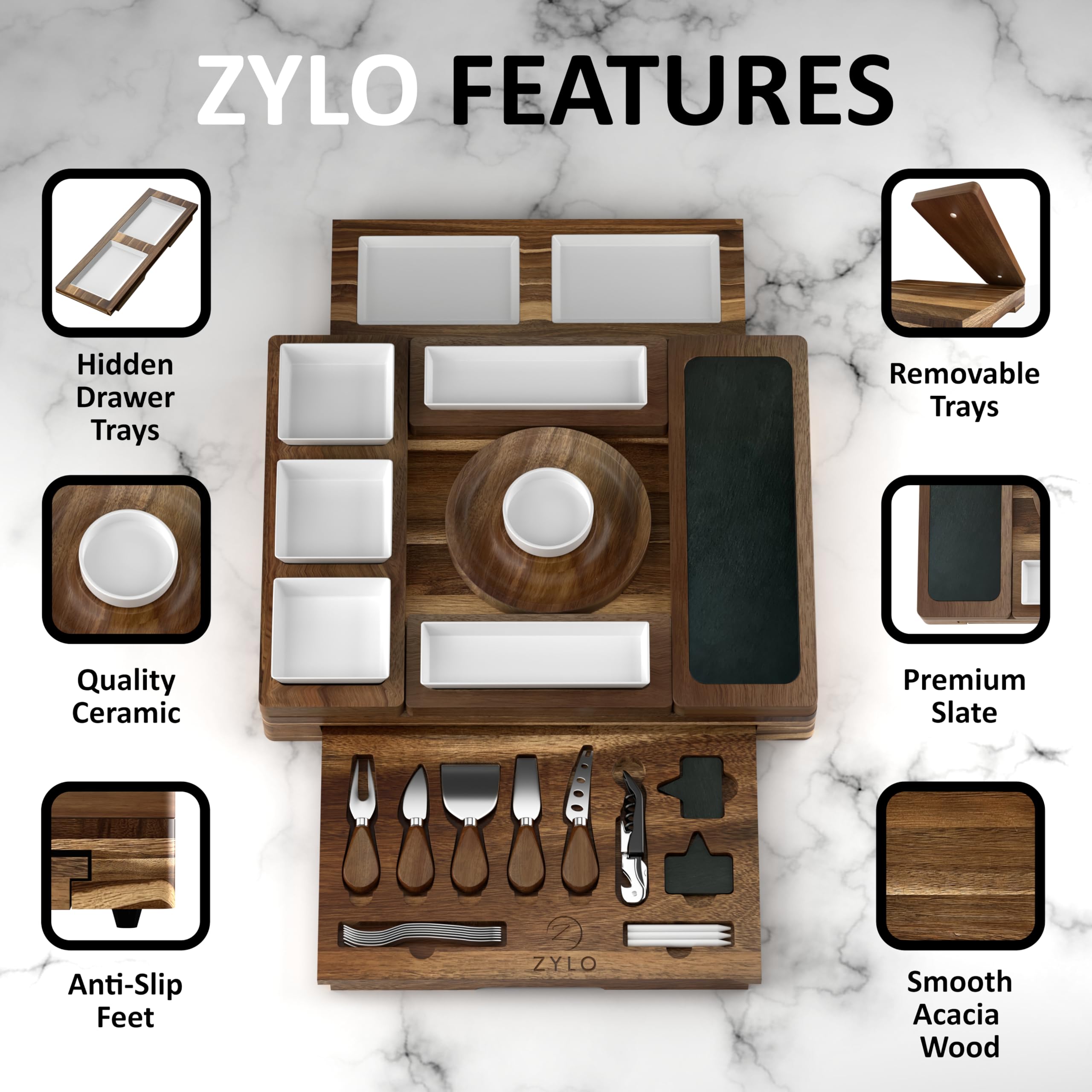 ZYLO Charcuterie Boards Gift Set - Large Acacia Wood Cheese Board & Slate Cutting Board with Ceramic Dishes & Knife Set - Removable Magnetic Serving Trays for Entertaining, Dinner Parties & Holiday Gifts