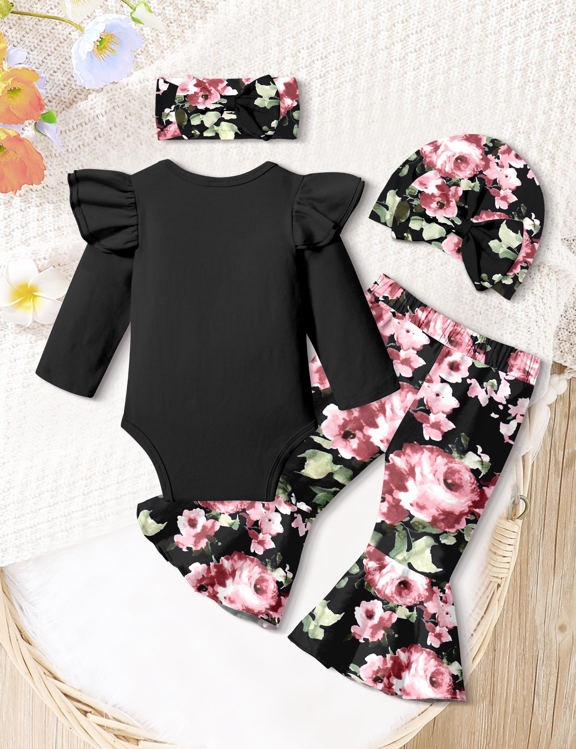 4pcs Baby Girl Outfits Set - Newborn Ruffle Romper & Bell Bottoms with Headband | Cute Infant Clothes for Photoshoot, Birthday Gifts & Daily Wear