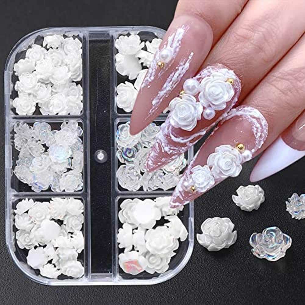 3D White Acrylic Rose & Aurora Camellia Nail Charms - 60Pcs DIY Nail Art Flowers for Nail Decorations | Perfect for Bridal, Party, Salon & Home Manicure Designs