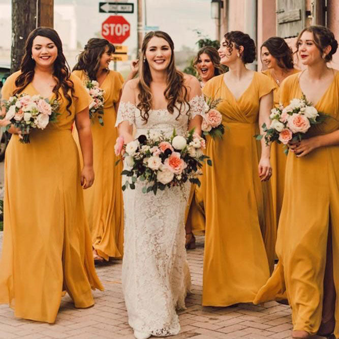 Affordable V-Neck Mustard Yellow Bridesmaid Dresses with Cap Sleeves for Fall Weddings - Perfect for Autumn Ceremonies, Rehearsal Dinners & Formal Events
