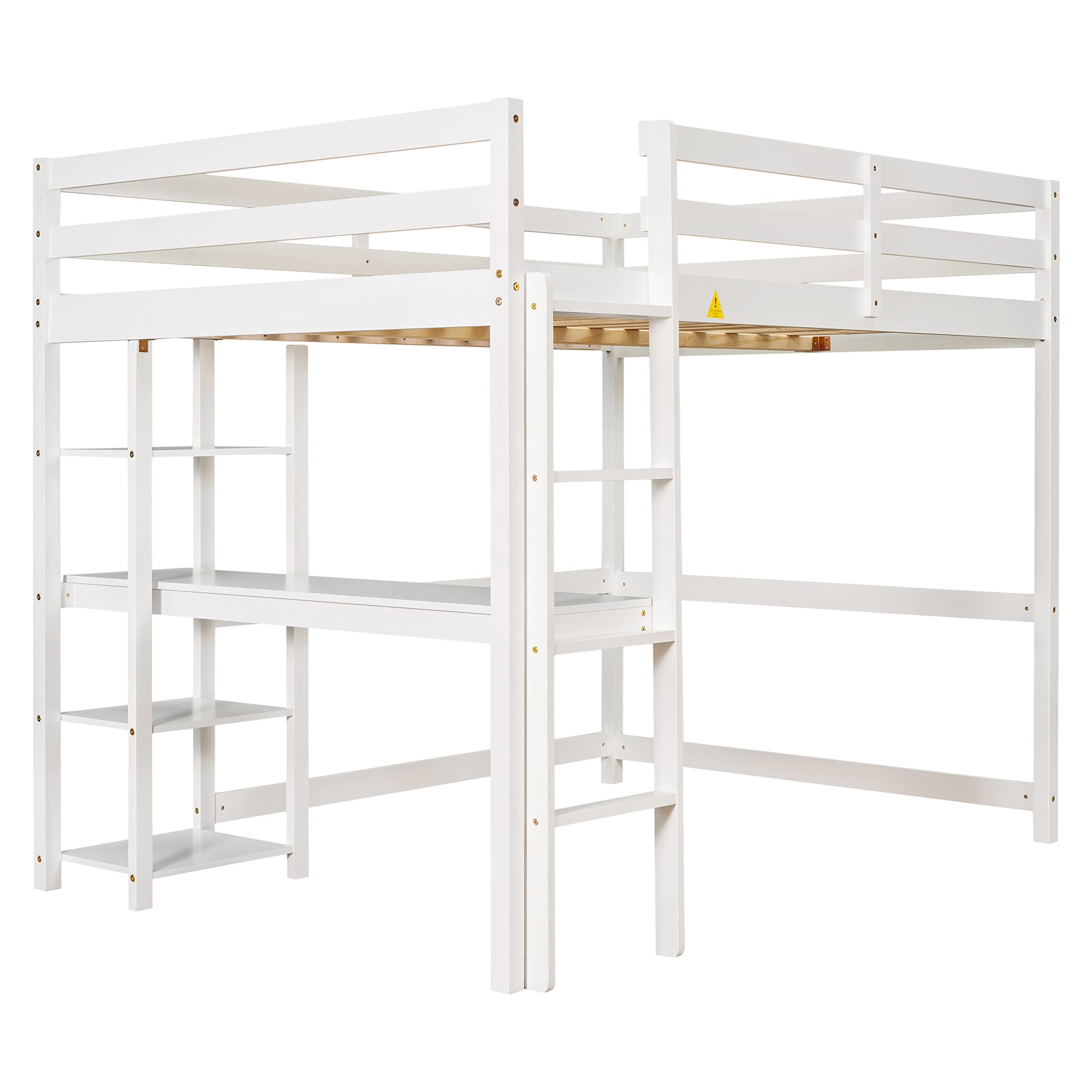 Aoowow Full Size Wood Loft Bed with Study Desk, Storage Shelves & Bookcase - Sturdy High Loft Bed Frame with Safety Guardrail & Ladder for Kids & Teens - No Box Spring Needed (White) - Perfect for Small Bedrooms, Dorm Rooms & Space-Saving Kids' Rooms
