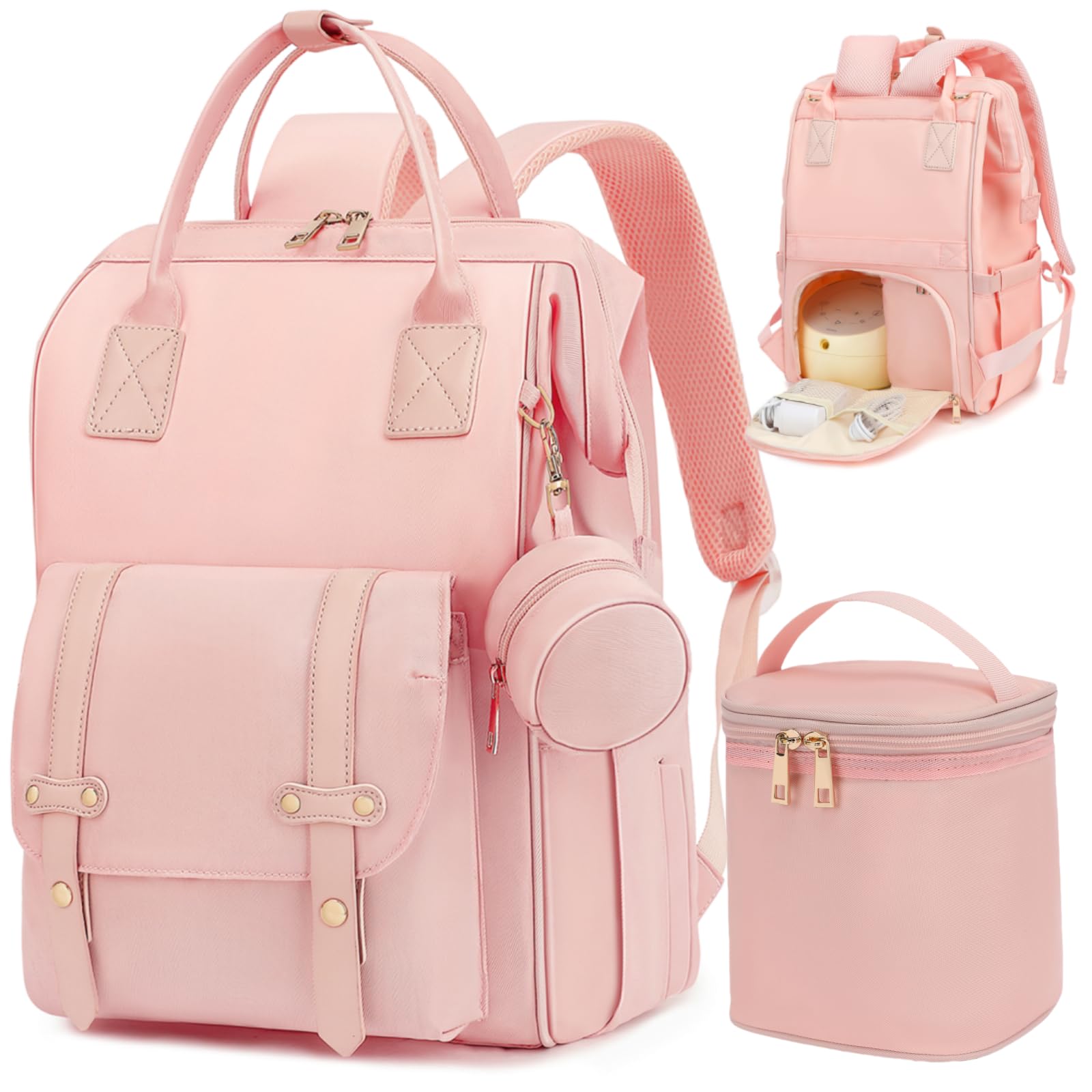 **Multifunctional Diaper Backpack for Moms - Insulated Breast Pump Bag with Cooler Pockets, Fits Spectra/Medela/Momcozy, Large Capacity for Baby Essentials, Perfect for Travel, Work & Baby Showers - Includes Pacifier Case (Pink)**    *Great for On-the-Go Parents, Hospital Visits, Daycare Trips & Family Outings*