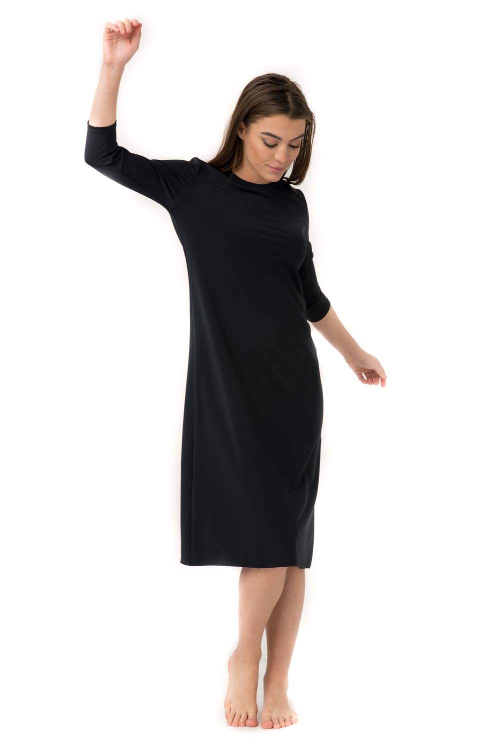 Women's 3/4 Sleeve Black Swim Dress with UPF 50+ Sun Protection - Plus Size Swim Cover Up for Beach, Pool & Vacation Wear