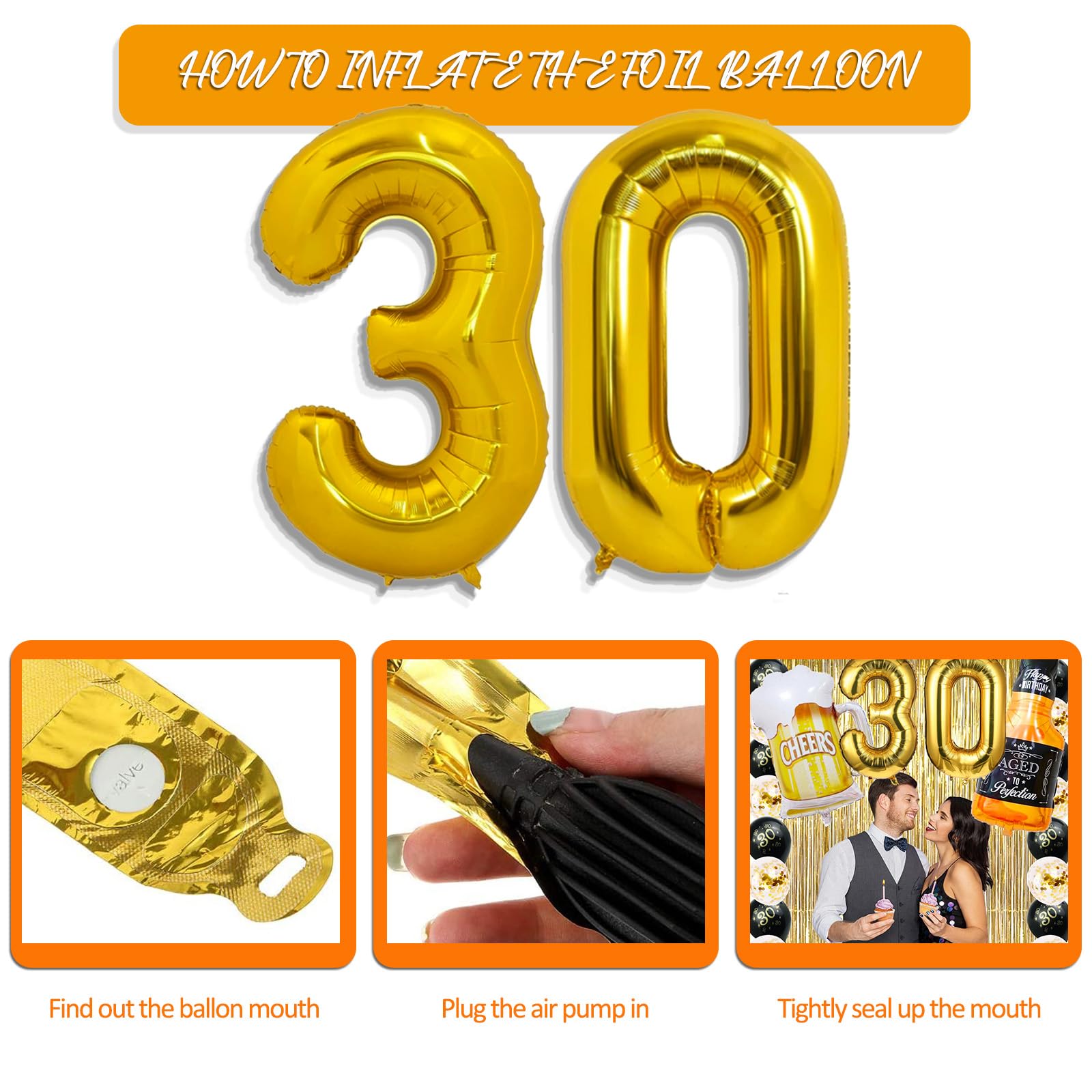 30th Birthday Party Decorations for Men - 40 Inch Gold Number 30 Balloons, Cheers to 30 Years Banner, Fringe Curtains & Foil Cups - Perfect for 30th Birthday Celebrations, Milestone Parties & Surprise Decor