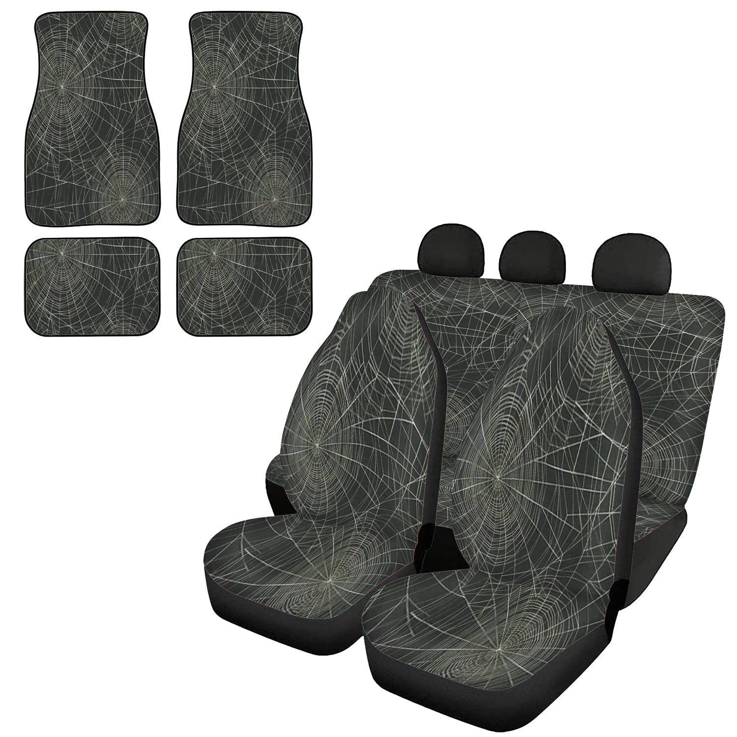 Spider Web Halloween Car Seat Covers Full Set with Floor Mats - Universal Fit for Most Vehicles - Car Interior Accessories for Halloween Decor & Auto Protection