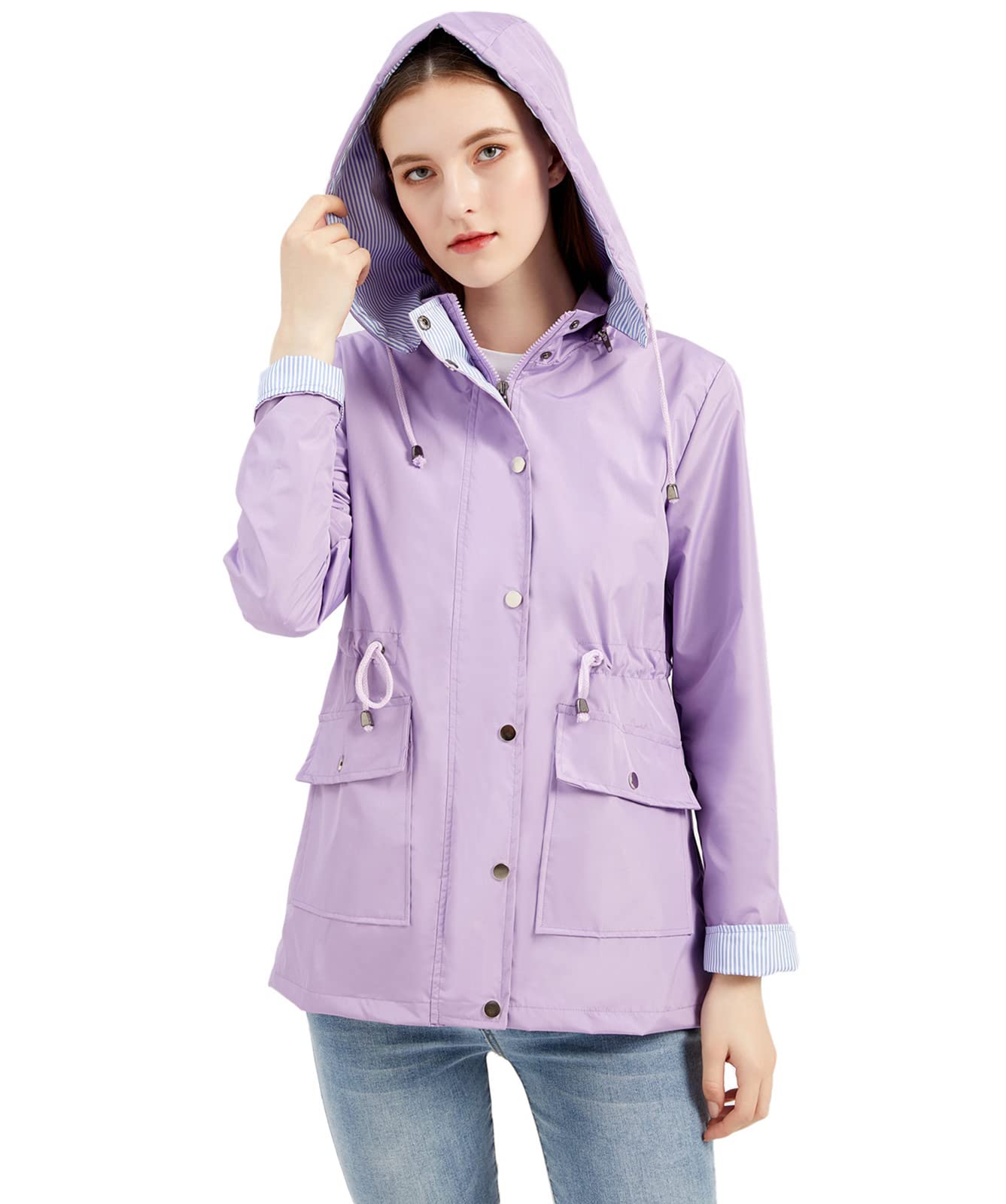 QJBMEI Women's Lightweight Waterproof Raincoat - Smocked Hooded Rain Jacket for Outdoor Camping, Hiking & Travel | Windproof Spring/Fall Coat for Rainy Days