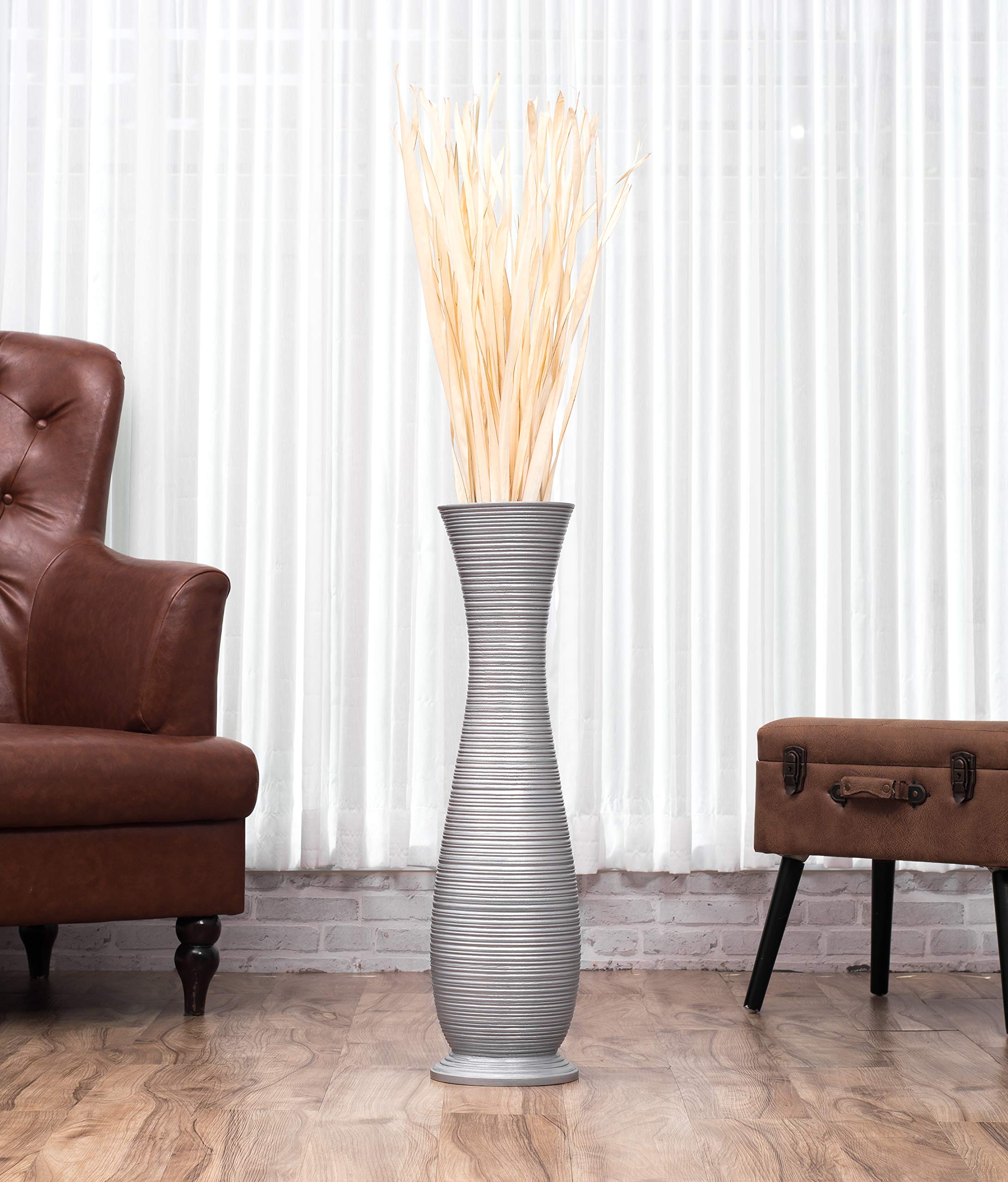 Leewadee 28 Inch Large Silver Floor Vase - Farmhouse Decor Wooden Flower Vase for Fake Plants, Pampas Grass & Home Decor | Perfect for Living Room, Bedroom & Entryway Decor