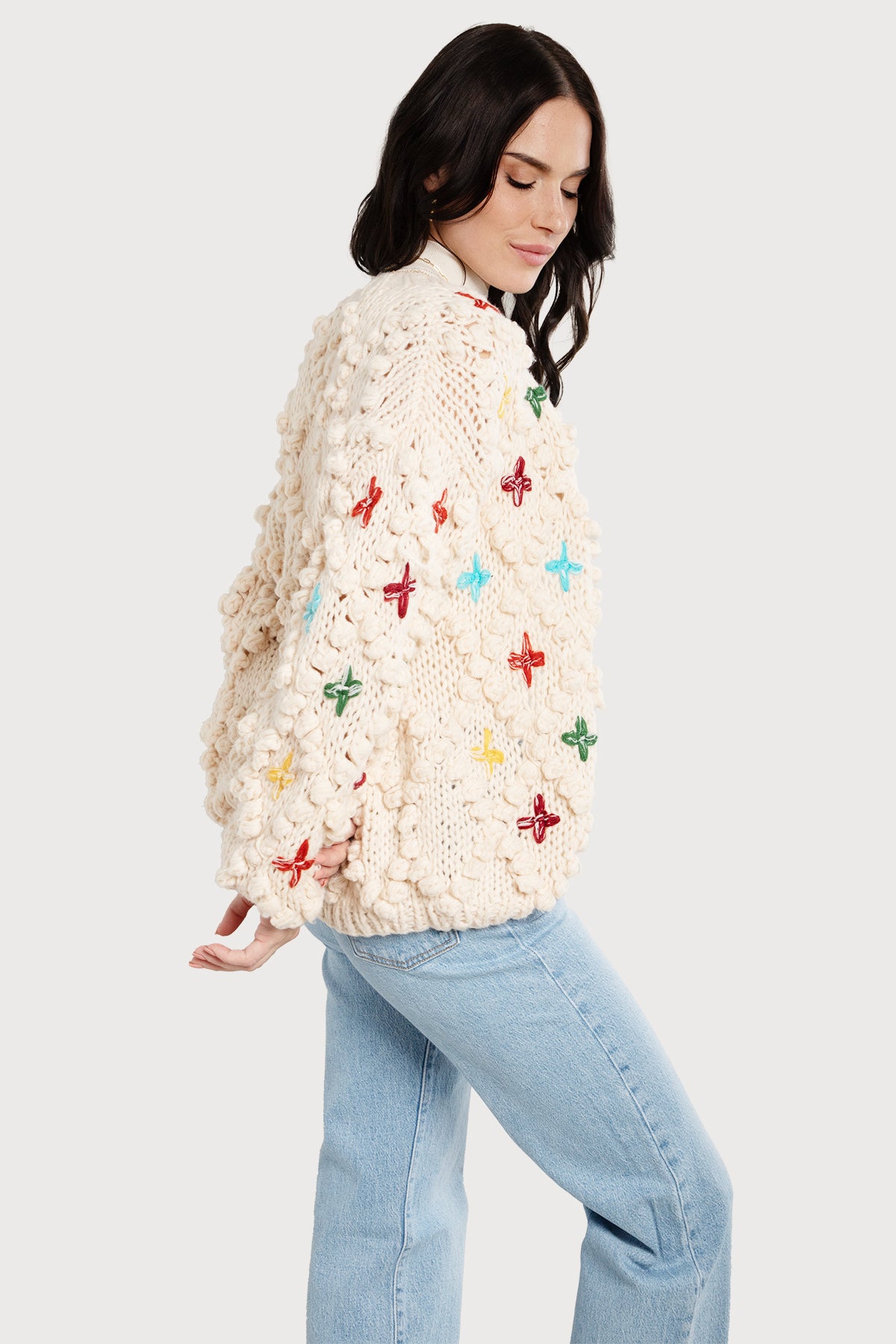 Cozy Knitted Cardigan with Cross Pom Pom Details - Soft Warm Women's Sweater for Fall & Winter - Perfect for Casual Outfits and Layering