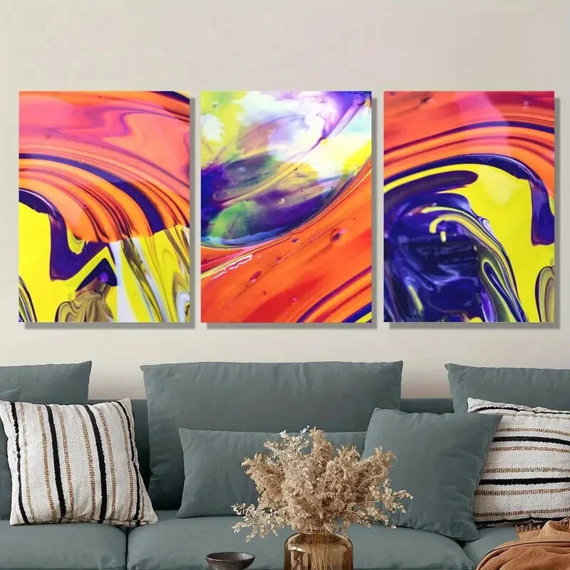3-Piece Abstract Liquid Metal Art Prints - Multi-Color Ready-to-Hang Wall Decor for Living Room, Bedroom & Office