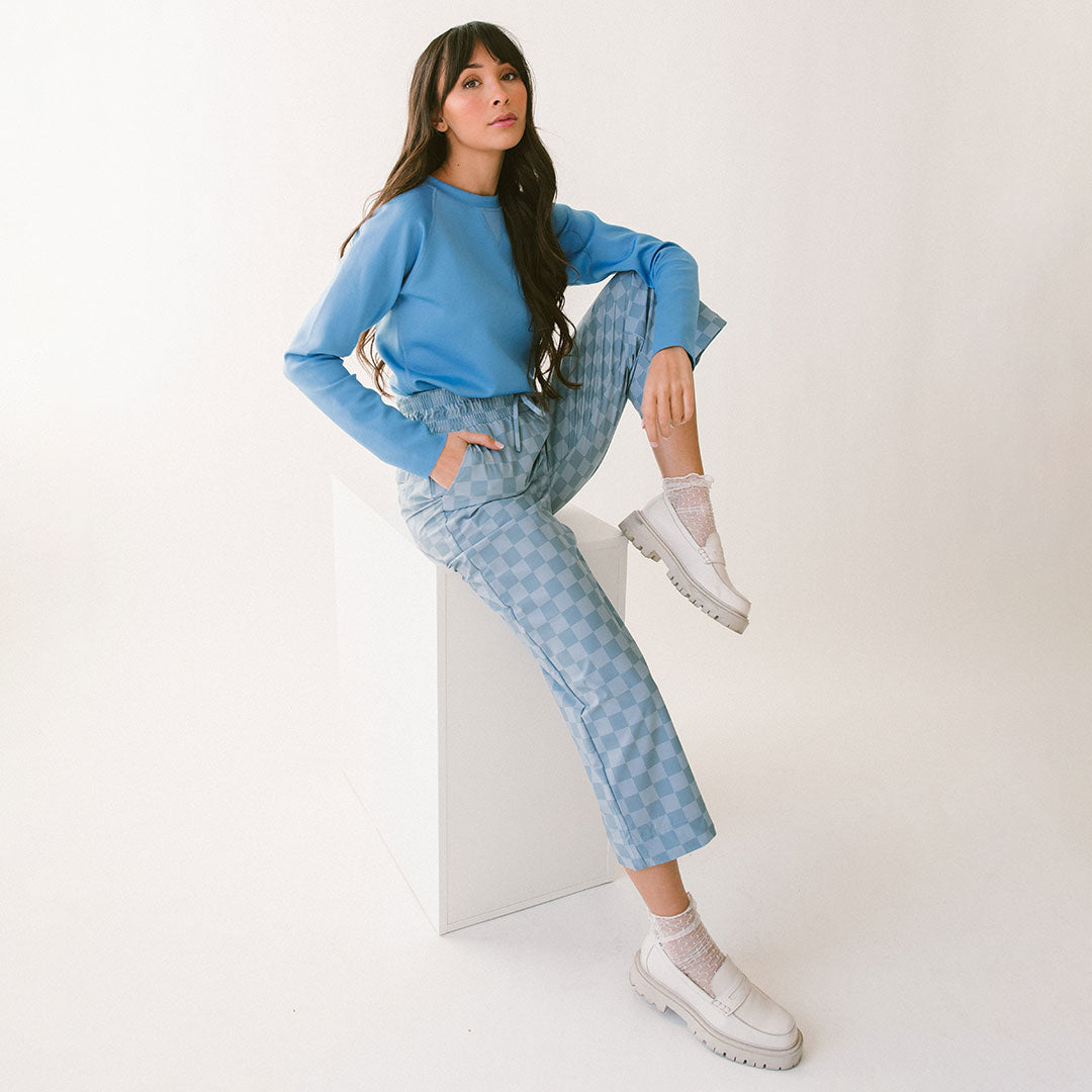Audrey Wide Leg Pants - Blue Checker Print High Waist Palazzo Trousers for Women | Office Wear, Casual Outfits & Summer Fashion