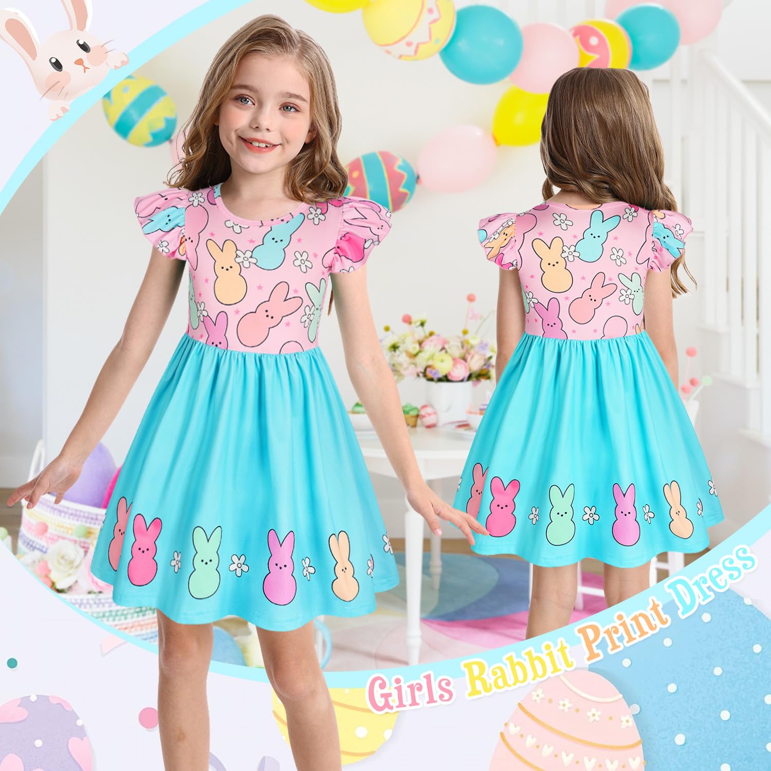 WonderBabe Girls' Easter Dresses - Toddler Flutter Sleeve Party Dresses for Spring, School & Special Occasions | Cute Casual Outfits for Kids | Perfect for Easter Celebrations, Birthday Parties & Family Gatherings