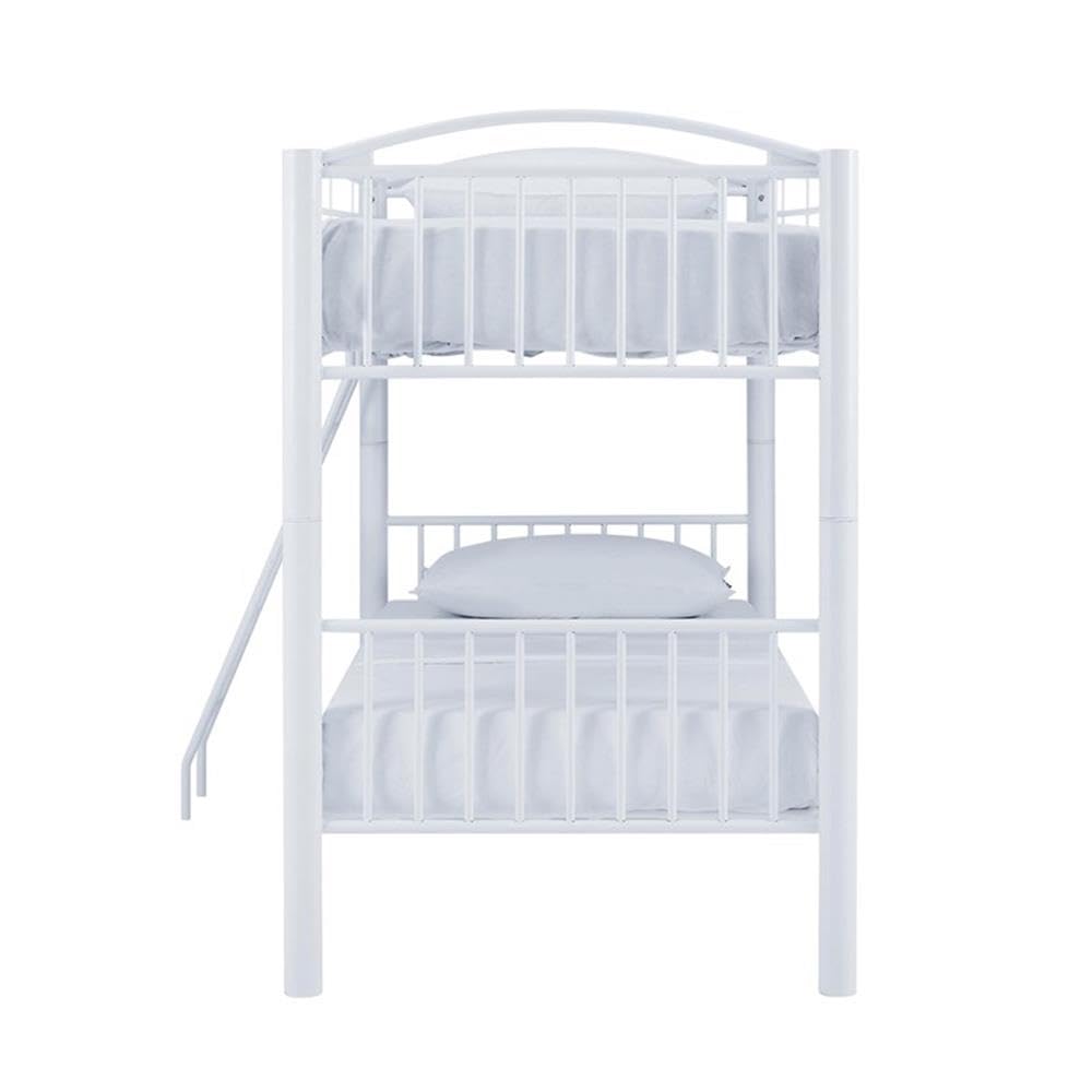 Powell Furniture Linon Heavy Duty Metal Twin Bunk Bed in White - Space-Saving Kids Bedroom Furniture for Siblings or Sleepovers