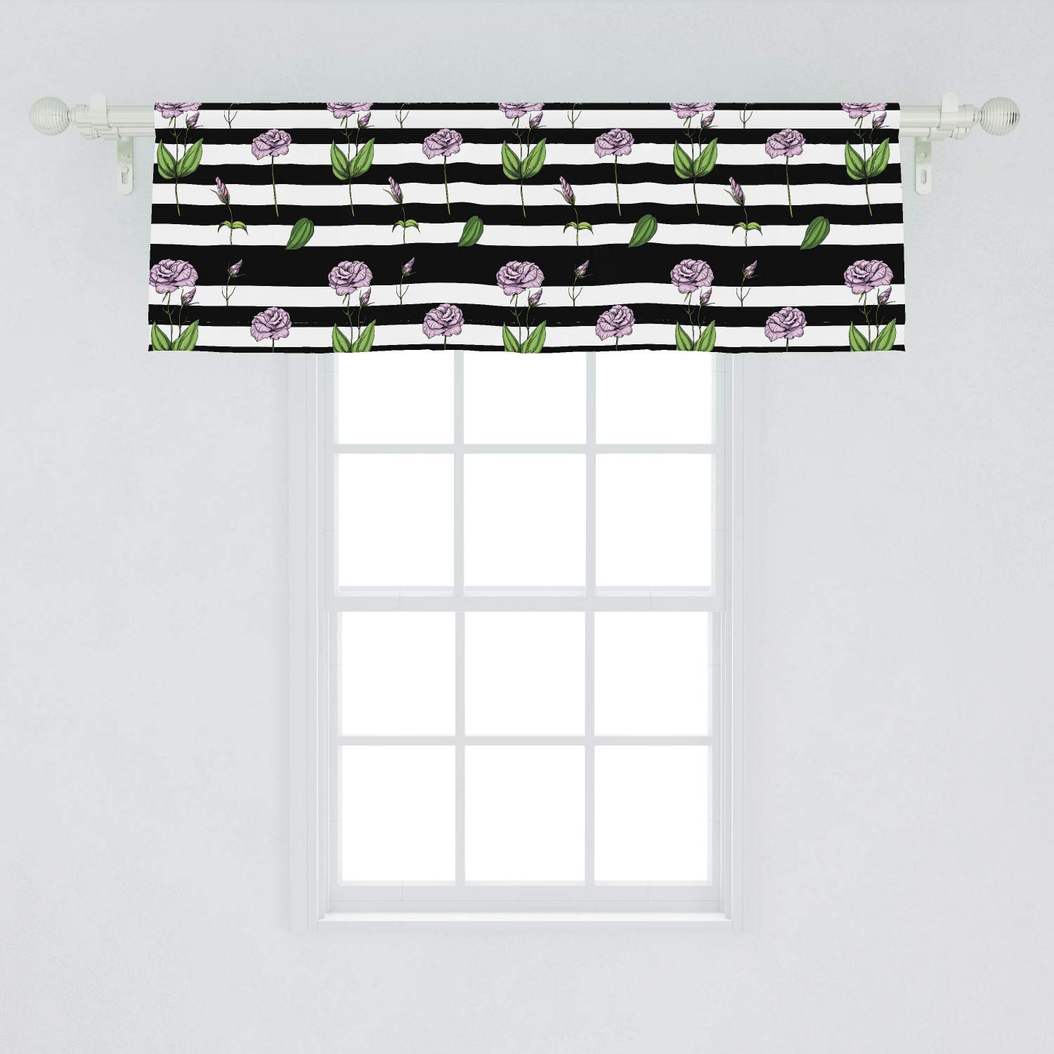 Ambesonne Rose Window Valance - Pink Floral Black & White Striped Curtain Valance with Rod Pocket, 54