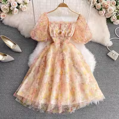 French Square Neck Floral Print Dress - Summer Retro Sweet Chic Women's Dress 1771 | Perfect for Beach Vacations, Garden Parties & Date Nights