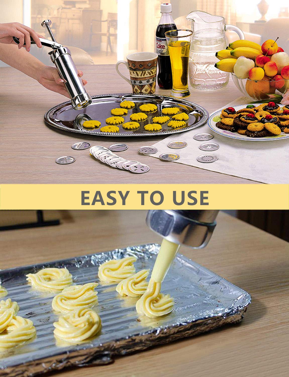 Stainless Steel Cookie Press Machine - 20 Discs & 4 Icing Tips for Biscuits, Churros, Cookies - Perfect for Holiday Baking, Party Treats & Homemade Desserts