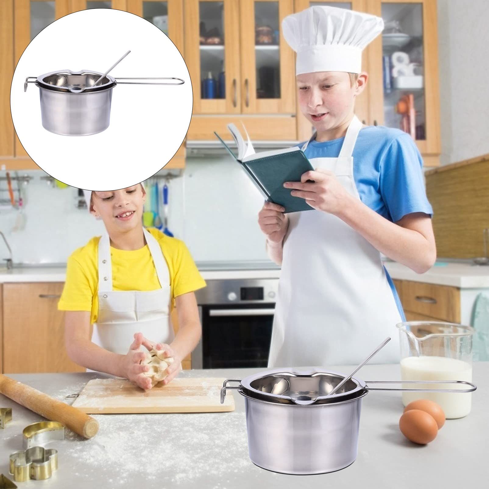 Stainless Steel Double Boiler Fondue Pot Set - 14CM Chocolate & Cheese Melting Warmer with Spoon for Candy, Candle Making & Coffee | Perfect for Home Kitchen, Party Desserts & DIY Crafts
