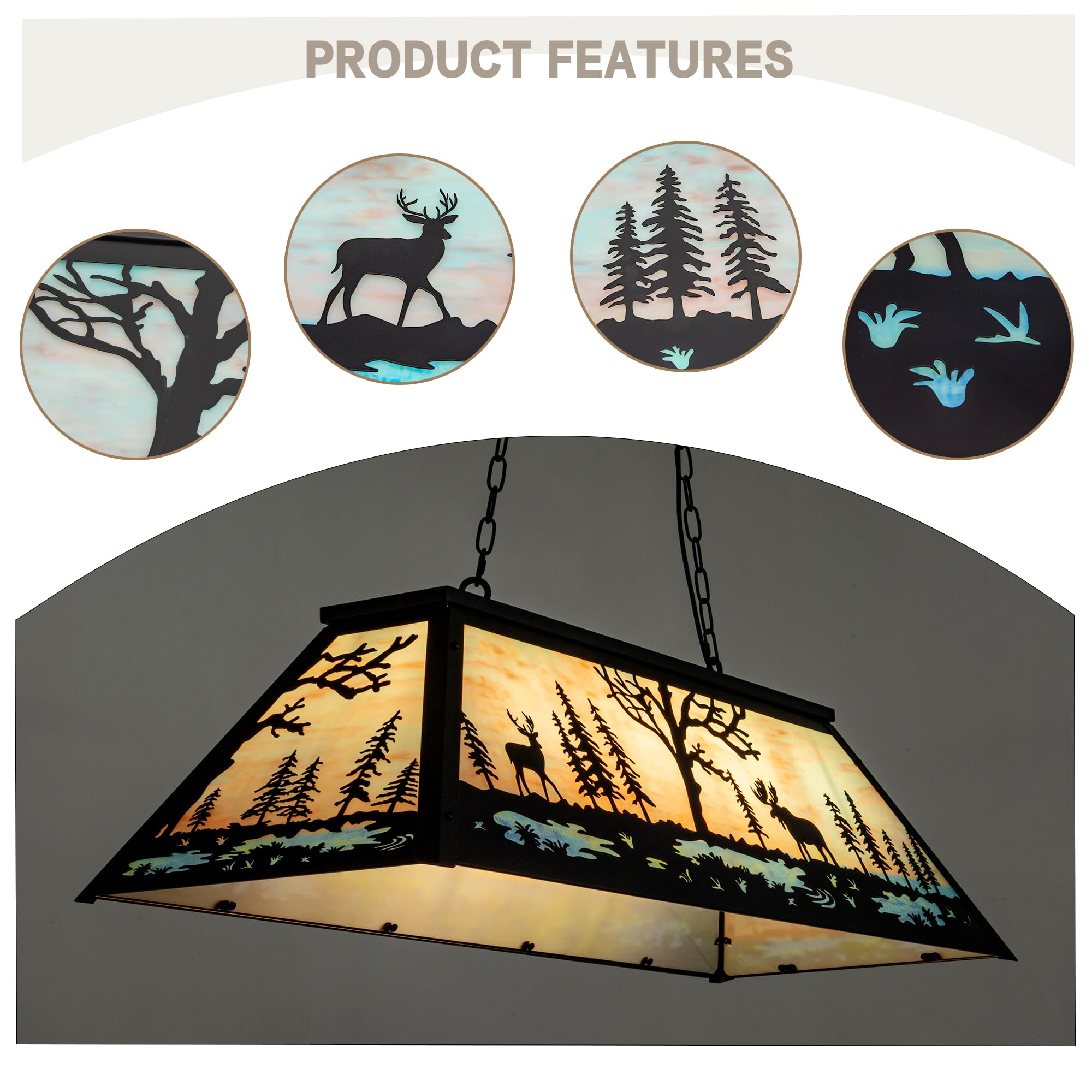 Wellmet 47in Tiffany Pool Table Light - Rustic 4-Light Billiard Hanging Fixture for 7' 8' 9' Pool Tables, Farmhouse Chandelier for Snooker Tables, Game Rooms, Dining Rooms, Kitchen Islands, and Cabin Decor