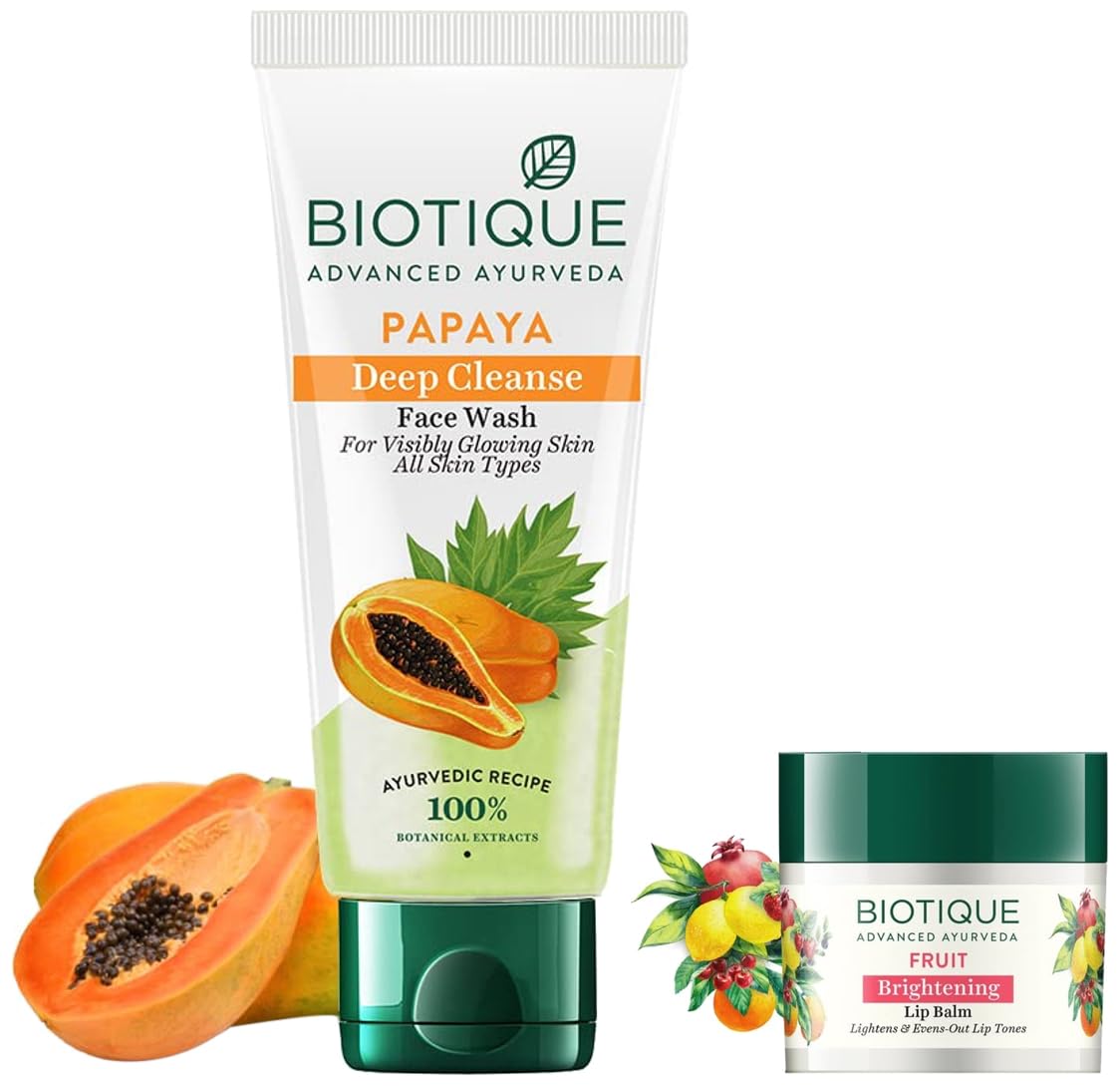 Biotique Bio Fruit Whitening Lip Balm 12g & Bio Papaya Face Wash 150ml - Natural Lip Care & Skin Brightening for Dry & Sensitive Skin | Daily Moisturizing & Flawless Complexion for Women & Men